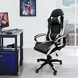 Cadeira de jogos com encosto alto, apoios de braços fixos em quatro pontos, altura ajustável (Branco)