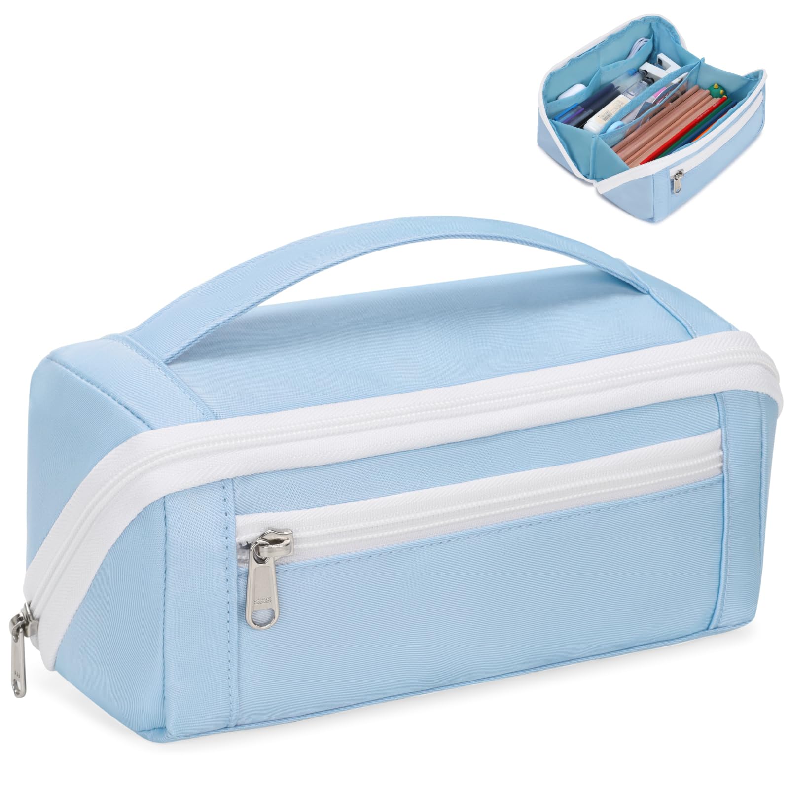 Large Capacity Pencil Case - Pencil Pouch for Teen Girls &amp; Boys, Aesthetic Pouch Organizer with 8 Compartments, Wide Opening Marker Bag for Middle High School College, Fits Calculator, Blue