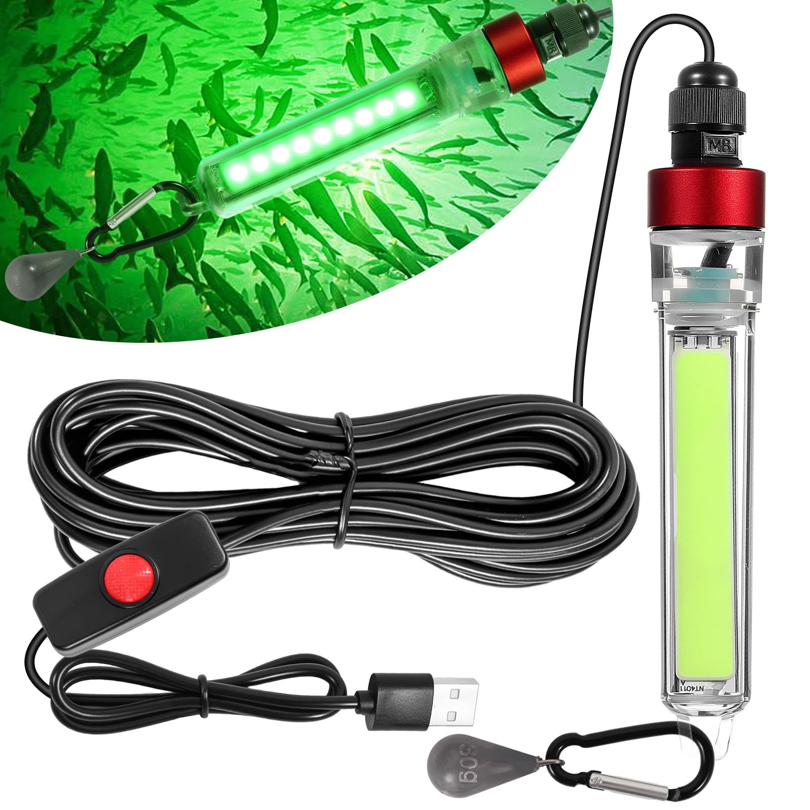 Luz de pesca verde subacuática superbrillante, luz verde LED para pesca, 12 W, 1300 lúmenes, clasificación IP68, atrayentes de luz sumergible para muelles, barcos, kayaks