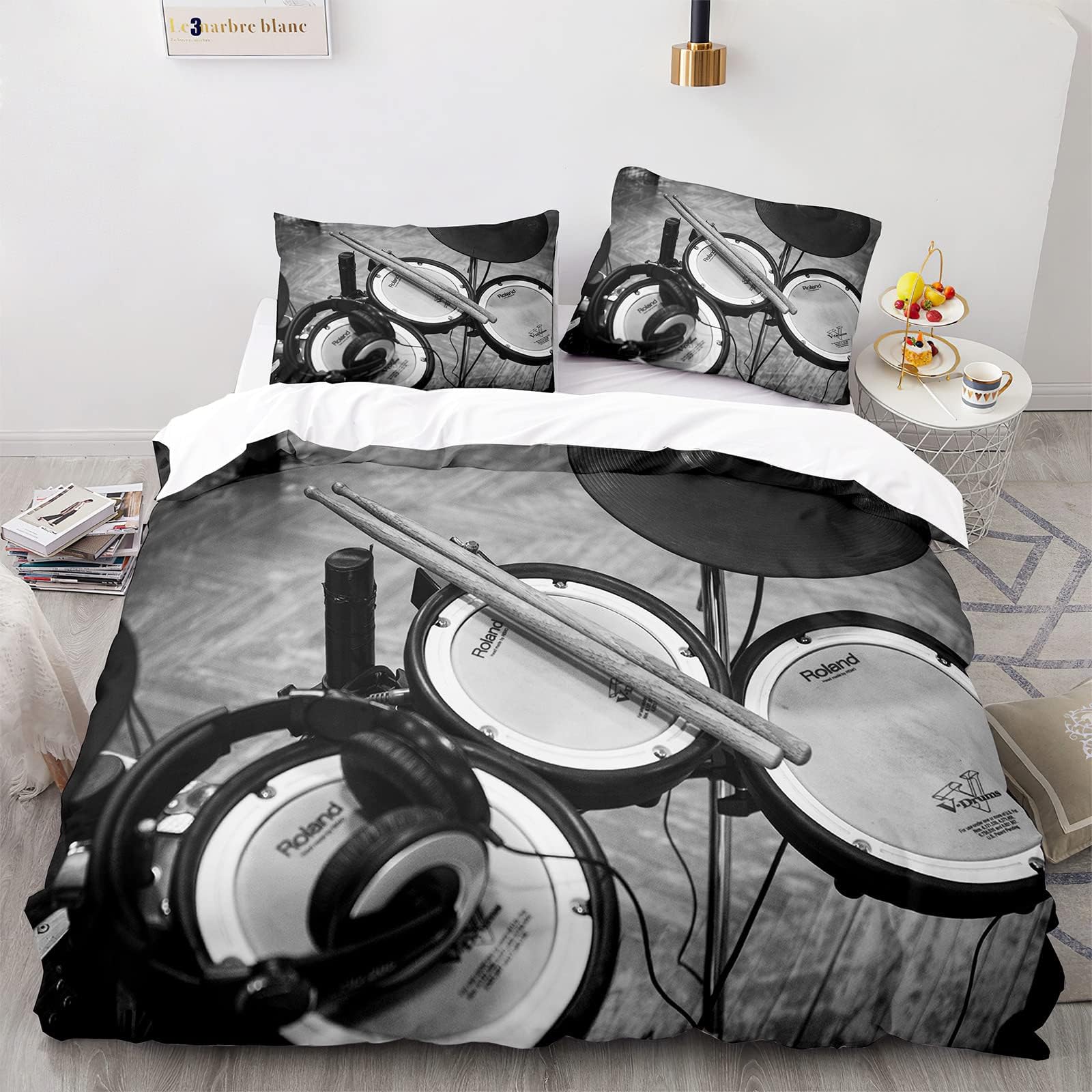 Musical Drum Pattern Duvet Cover, Rock Music Themed Bedding, Microfiber Bed Set of Three Single 15