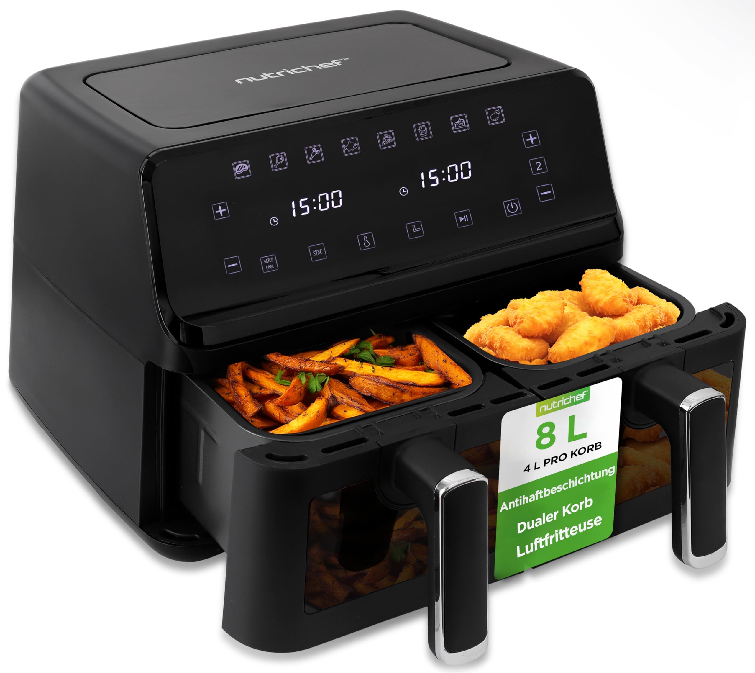 NutriChef Heißluftfritteuse XL 8L Doppelkammer Airfryer ohne Öl – 2 Körbe, 9 Programme, Sichtfenster, Touchscreen, für Familien & knusprige Ergebnisse