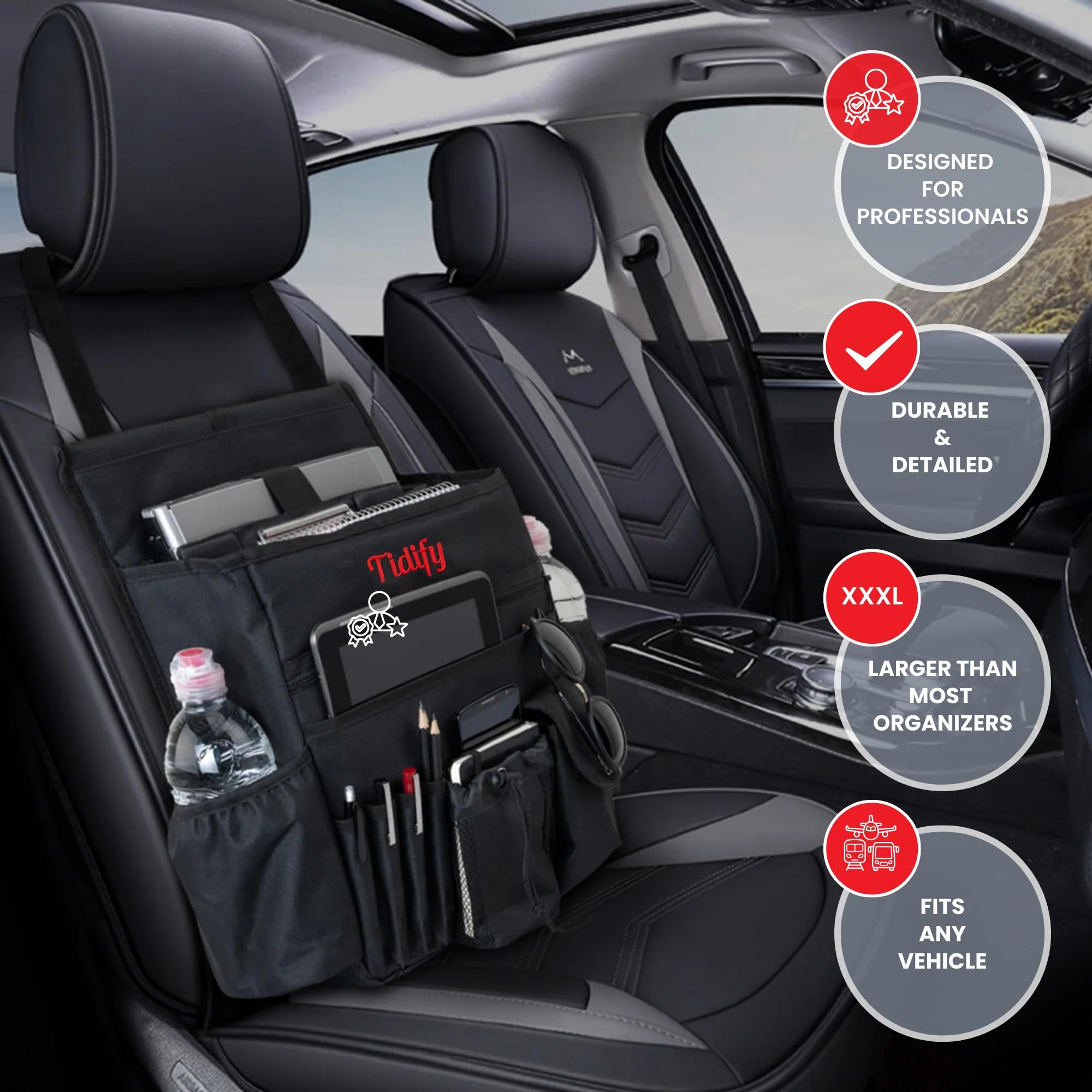 Tidify Organizer per sedile anteriore dell'auto [aggiornato 2022] con spazio dedicato per tablet e laptop cinghie laterali stabilizzanti morbide tracolla regolabile e fibbie indurite per il tuo