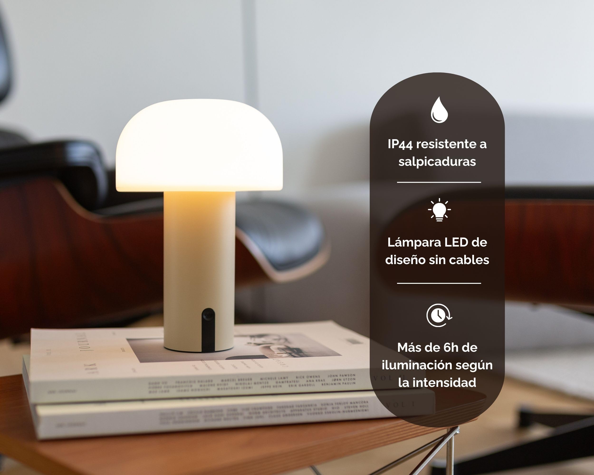 LUUK Studio Lámpara de Mesa LED Inalámbrica Recargable, Diseño en Forma de Seta, IP44 impermeable, Luz Blanca Cálida Regulable 2700K, Control Táctil, USB-C, Decorativa Moderna para Interio, Caqui