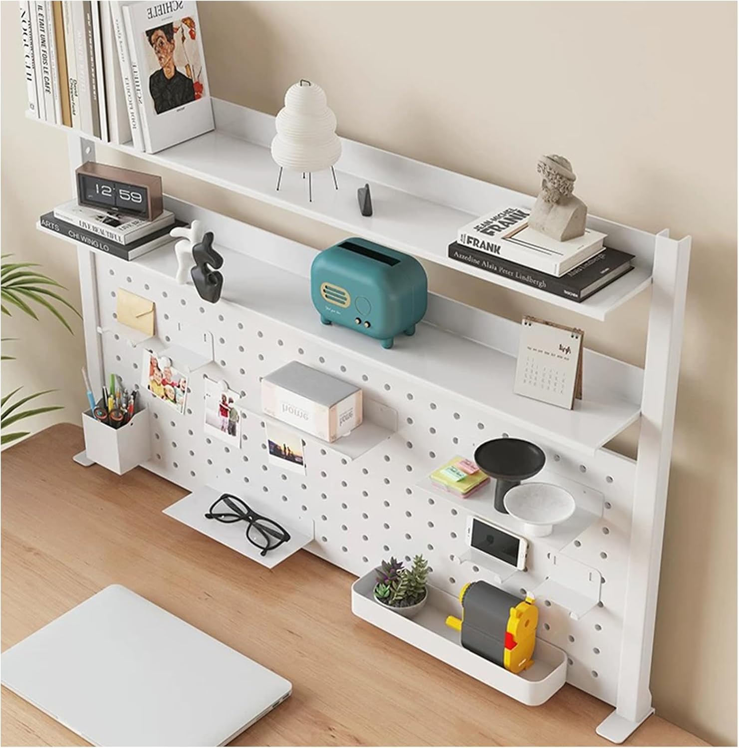 51in clamp on desk organizer shelf, desk extender with pegboard, gaming/computer desk accessories with shelf, privacy panel for office, clamp-on desktop shelving system (white, 51in/140cm)