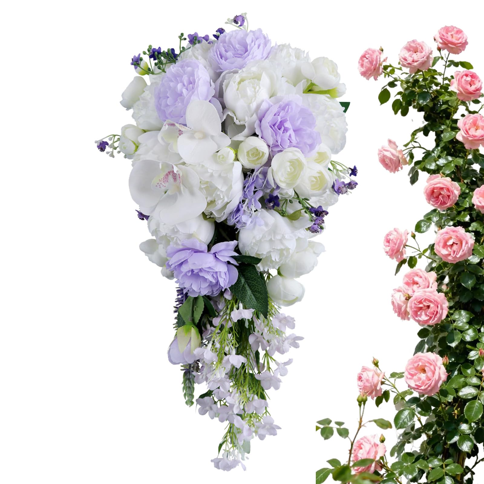 ZBELLO Bridal Bouquet, Lavender White Peony Orchid Waterfall Teardrop Wedding Posy, Bridesmaid Hand Bouquet for Wedding Photoshoot Home Decor (PURPLE)