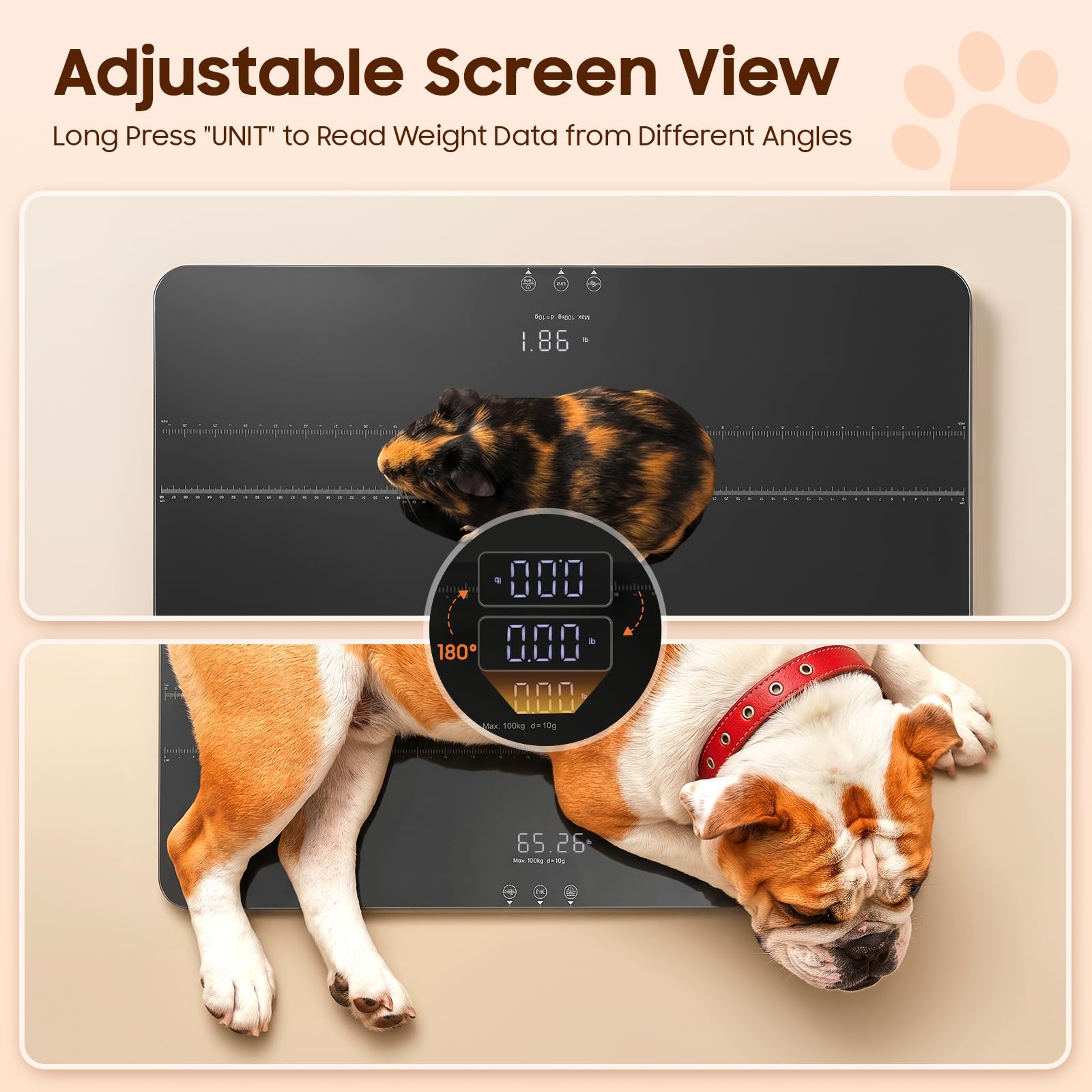Bilancia cane Pet Scale Bilancia Animale Bilancia Peso Cane Casa Vet Salone Animale Misura Precisa 10g Display LED Funzione Tare Conversione Kg Lb St Surface Vetro ABS Antiscivolo Uso Domestico