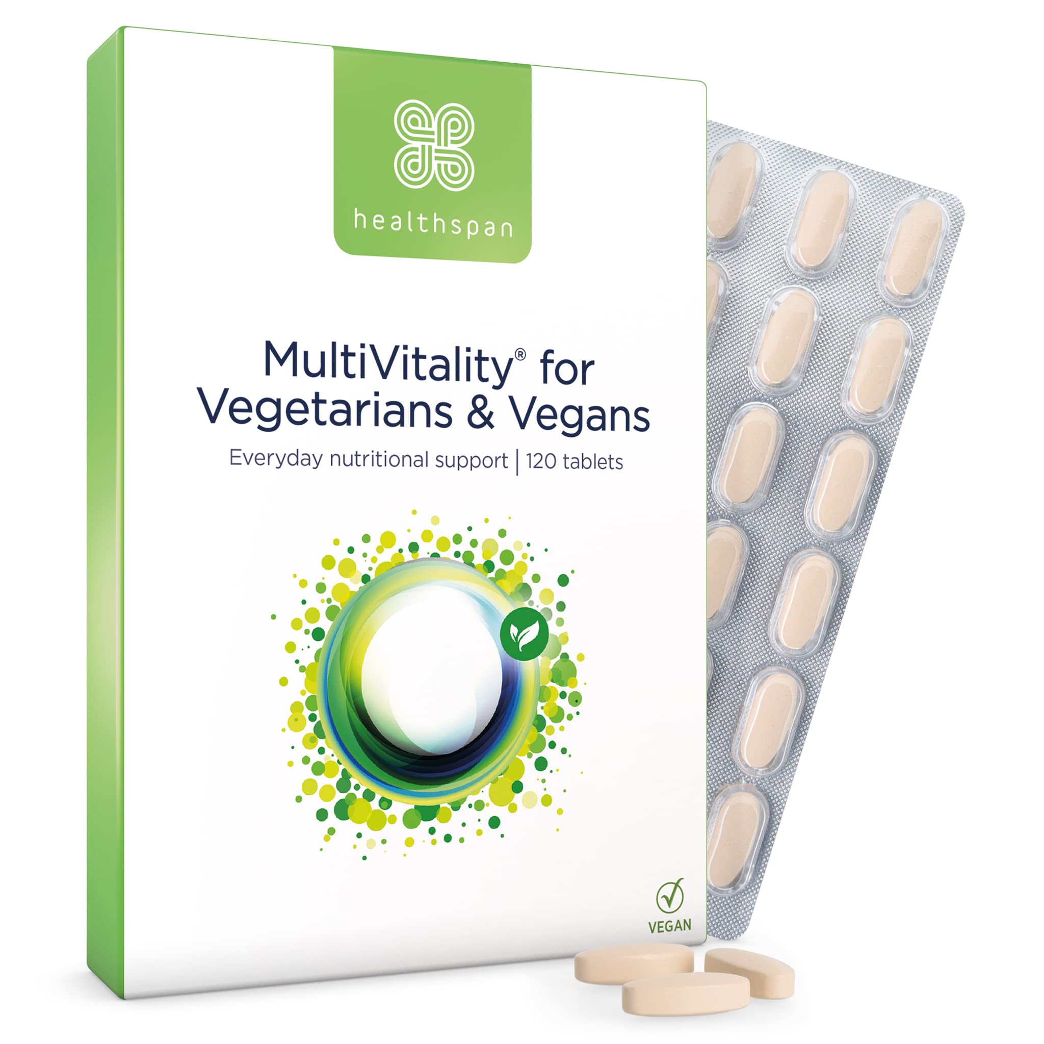 Healthspan Multivitamin for Vegetarians & Vegans | 120 Tablets | Immune Health | Energy Levels | Supports Bones, Teeth & Muscles | Includes Vitamins B12 & D, Calcium, Iron & Zinc | Vegan