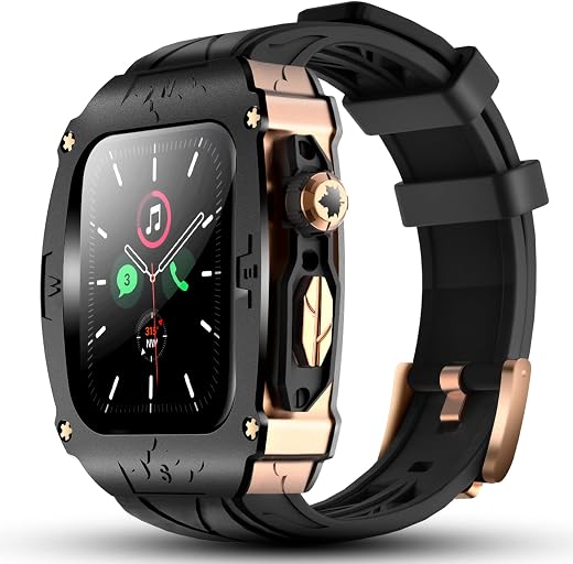 GLuYuan Luxury Metal Case For Apple Watch 8 7 45Mm 6 44Mm Band With Cover Heavy Duty Rugged Case Silicon Strap For Men iWa...