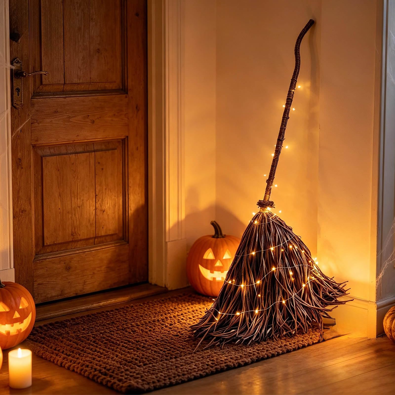 Scopa gigante da strega illuminata da 1,68 m con luci LED bianco caldo, decorazione autunnale rustica in stile fattoria per interni ed esterni, porta d'ingresso, portico, patio, (Coffee, One Size)
