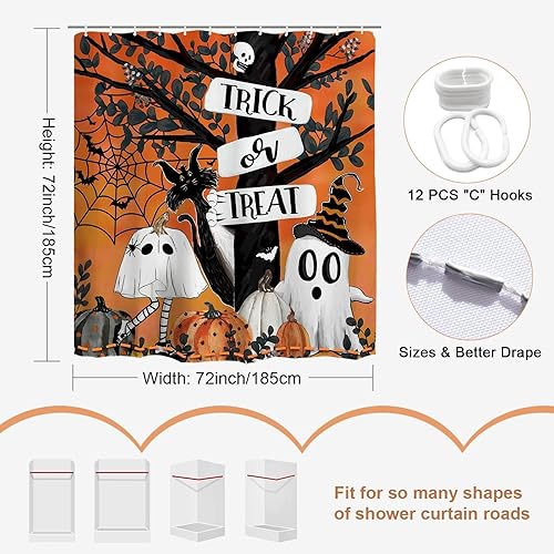 Miniatura 6 de Baccessor Cortina de ducha de Halloween para baño, linda calabaza, fantasma, gato, truco o trato, cortinas de ducha de tela de poliéster, decoración
