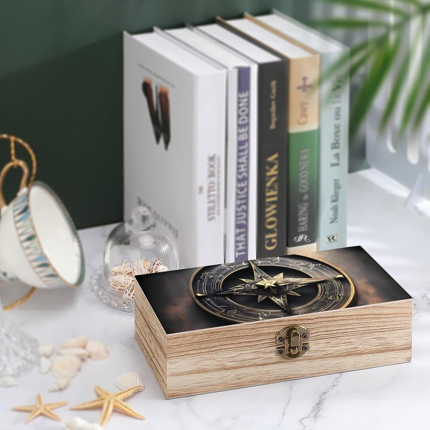 Magical Design Norse Runes Compass Wooden Box with Hinged Lid, Large Photo Storage Box for Women Men, Keepsake Treasure Chest Boxes, Jewelry Organiser Case, Memory Case, 7.9'' X 3.9'' X2.3''