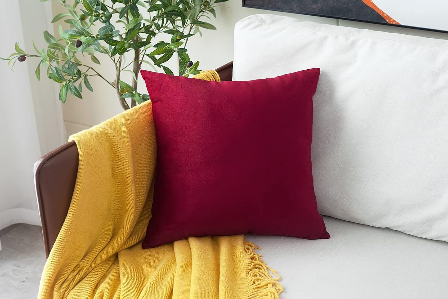 MUDILY One Piece Velvet Soft Decorative Square Throw Pillow Covers Cushion Case Decor Handmade Pillowcases for Chair Bedroom Sofa Car, Wine Red 26 x 26 Inch 65 x 65 cm