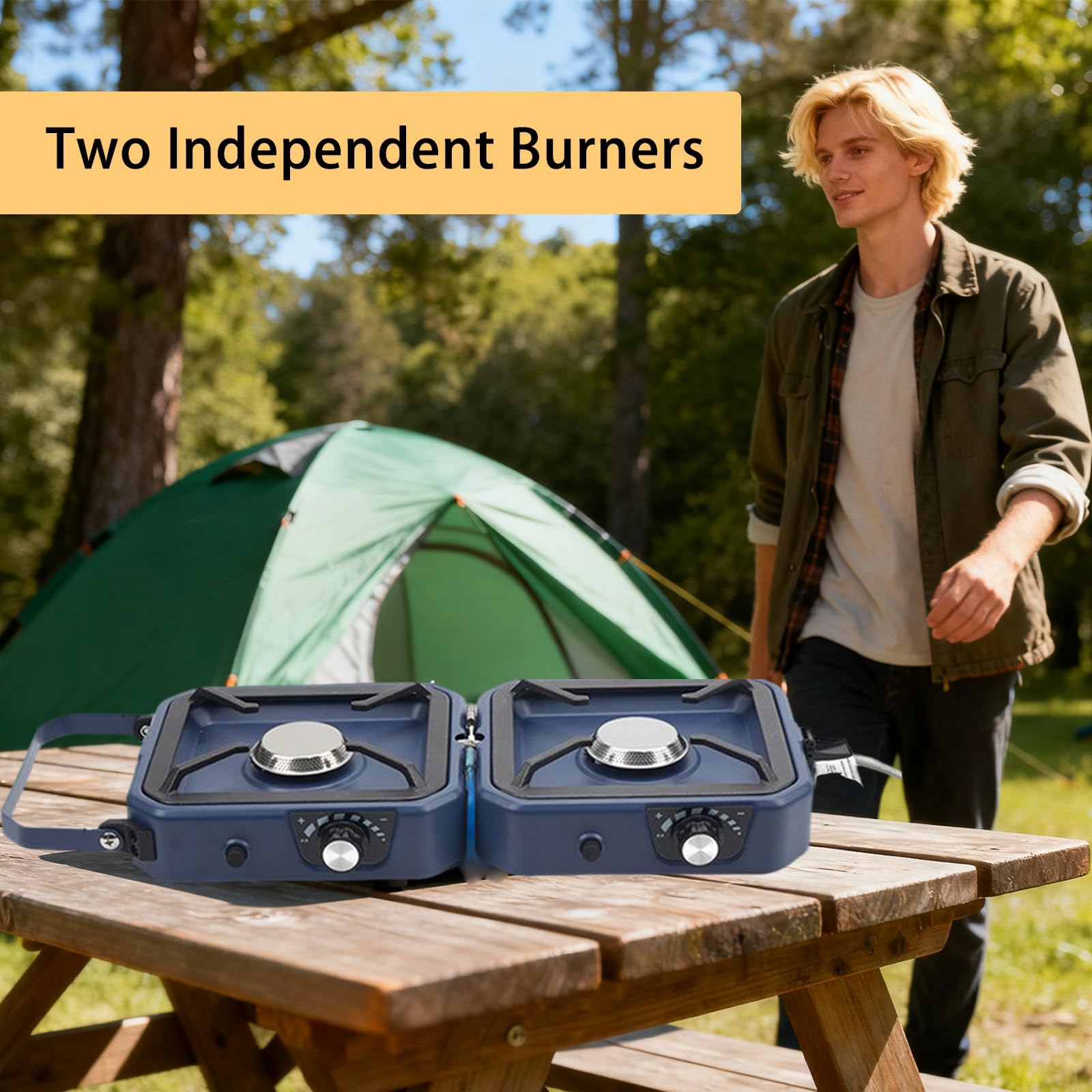 Estufa de camping de 2 quemadores con plancha, barbacoa plegable con quemadores ajustables y encendido piezoeléctrico para cocinar al aire libre, senderismo y eventos de jardín