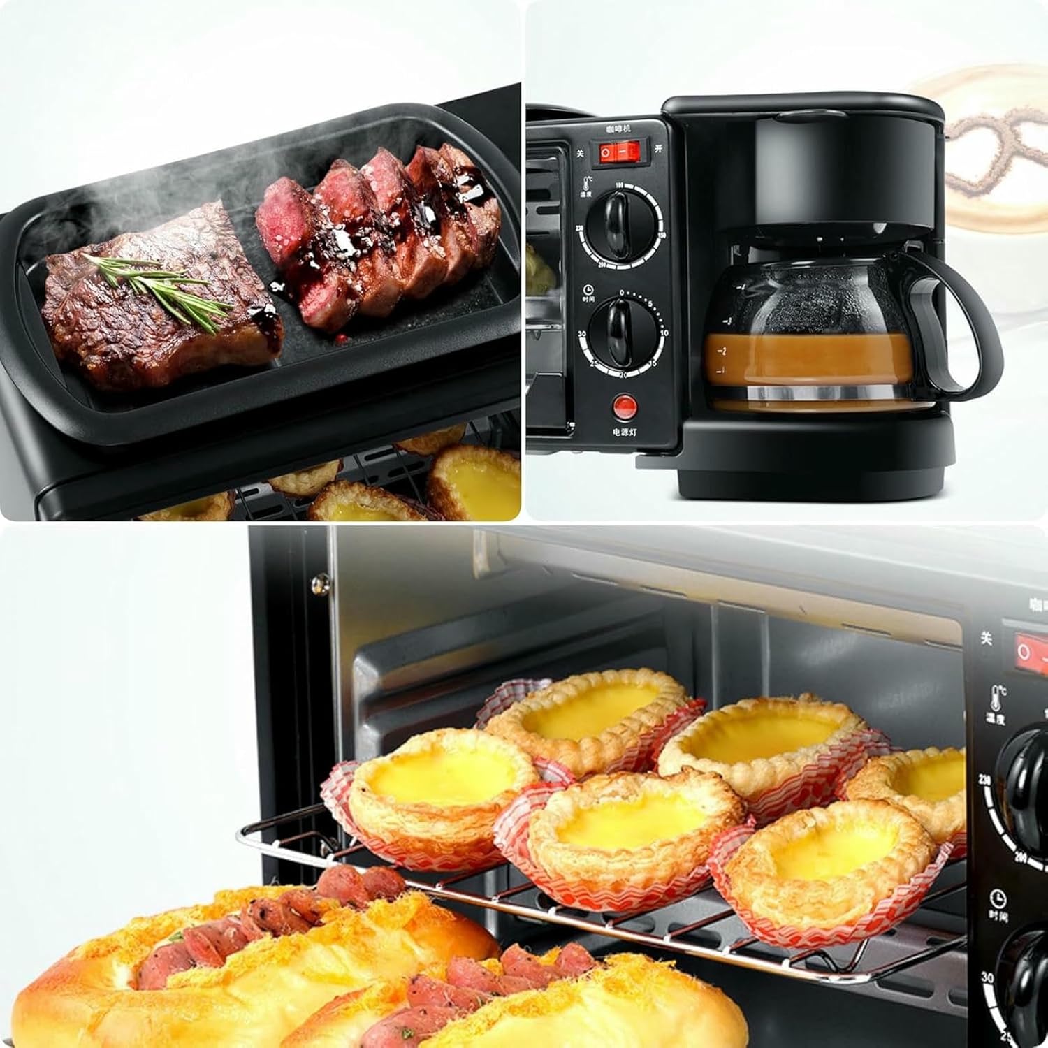 3-in-1 Breakfast Station, Coffee Maker, Toaster Oven & Removable Nonstick Frying Pan, 30-Min Timer & Adjustable Temp - for kitchenette