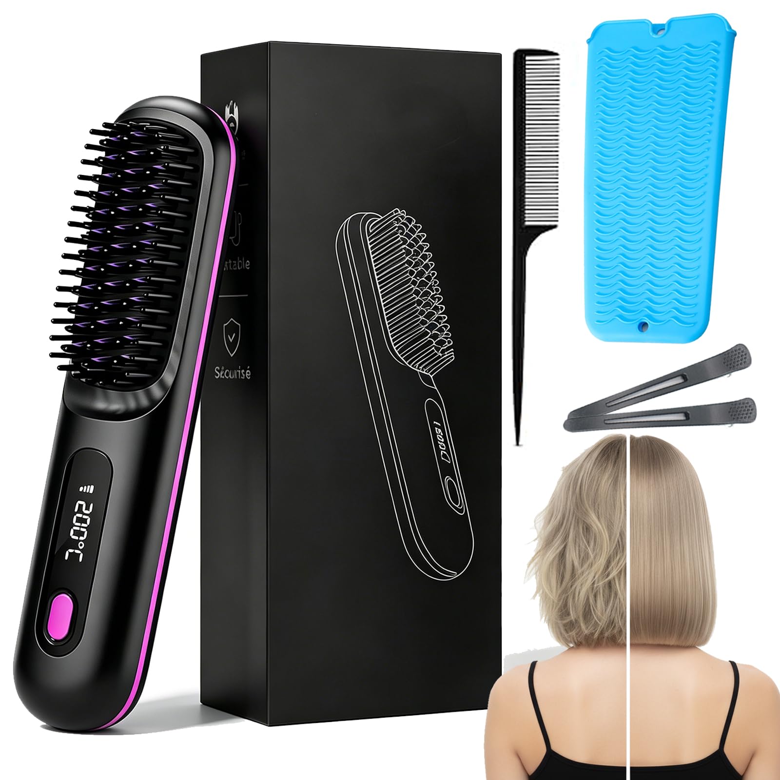 Ciriel - Airbrush Pro Drahtlose StylingbüRste, Iloe Kabellose Volumenbür ste für Kurzes & Feines Haar, 3 Temperaturstufen Negativ-Ionen Nano-Keramik (Schwarz)