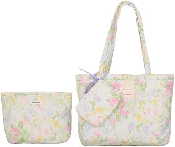 Floral Quilted Cotton Shoulder Bag Set 3-in-1 Handbag with Matching Mini Pouch Cosmetic Bag Large Capacity Tote A053