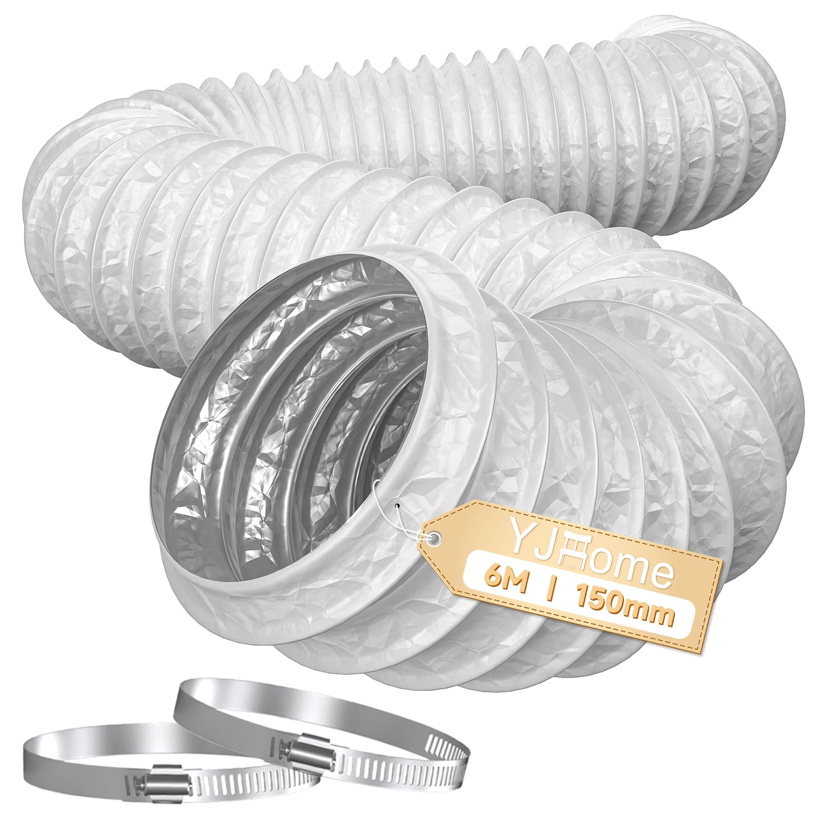 YJHome 150mm Ducting 6m Long, 6 Inch Flexible Vent Hose with 2 Duct Clamps, Heavy-Duty Three Layer Protection PVC Air Ducting for Cooker Hood, Tumble Dryer, Duct Fan, Extractor Fan