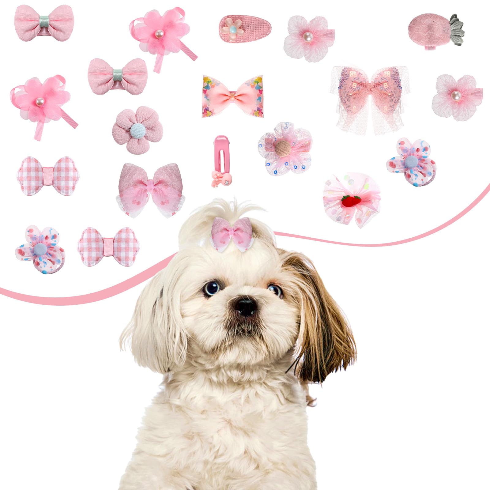 Ptwola 20Pcs Pink Dog Hair Bows Cute Puppy Bowknot Hair Accessories with Rubber Bands Pearl Embellished Perfect for Small Dogs Styling and Grooming