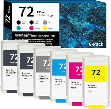 72 Ink Cartridges 130ml 6-Pack MK/PK/C/M/Y/G C9403A C9370A C9371A C9372A C9373A C9374A Ink Replacement for HP 72 Ink for DesignJet T770 T790 T795 T610 T620 T1100 T1120 T1200 T1300 T2300 Printer Ink