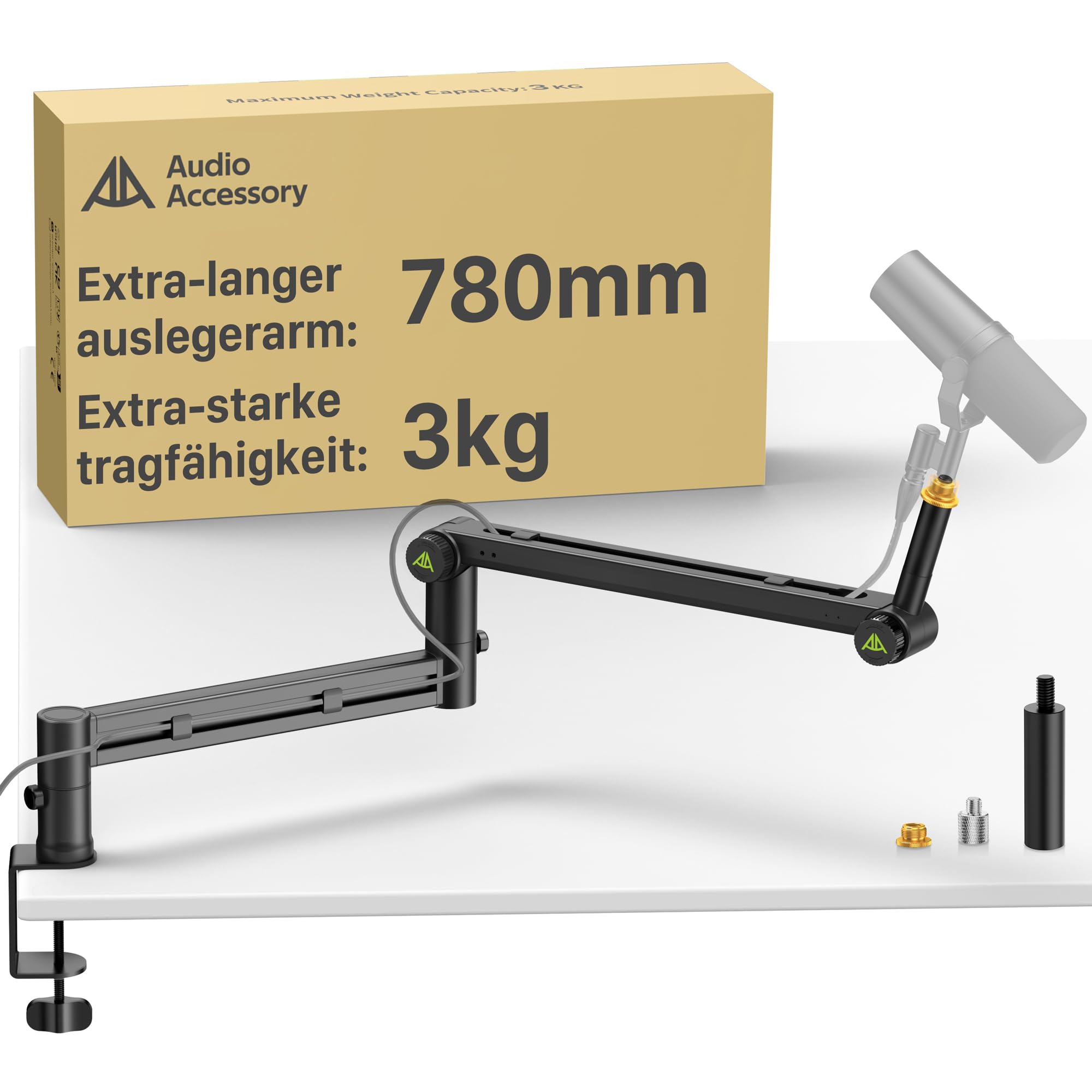 Mikrofon Arm, Low Profile Mikrofonarm [Max. 3 KG Traglast] Kompatibel mit Shure SM7B, MV7+ & Co. Gear-Lock Design für rutschfreie Stabilität, Mikrofon Halterung Tisch, Microphone Mic Boom Arm
