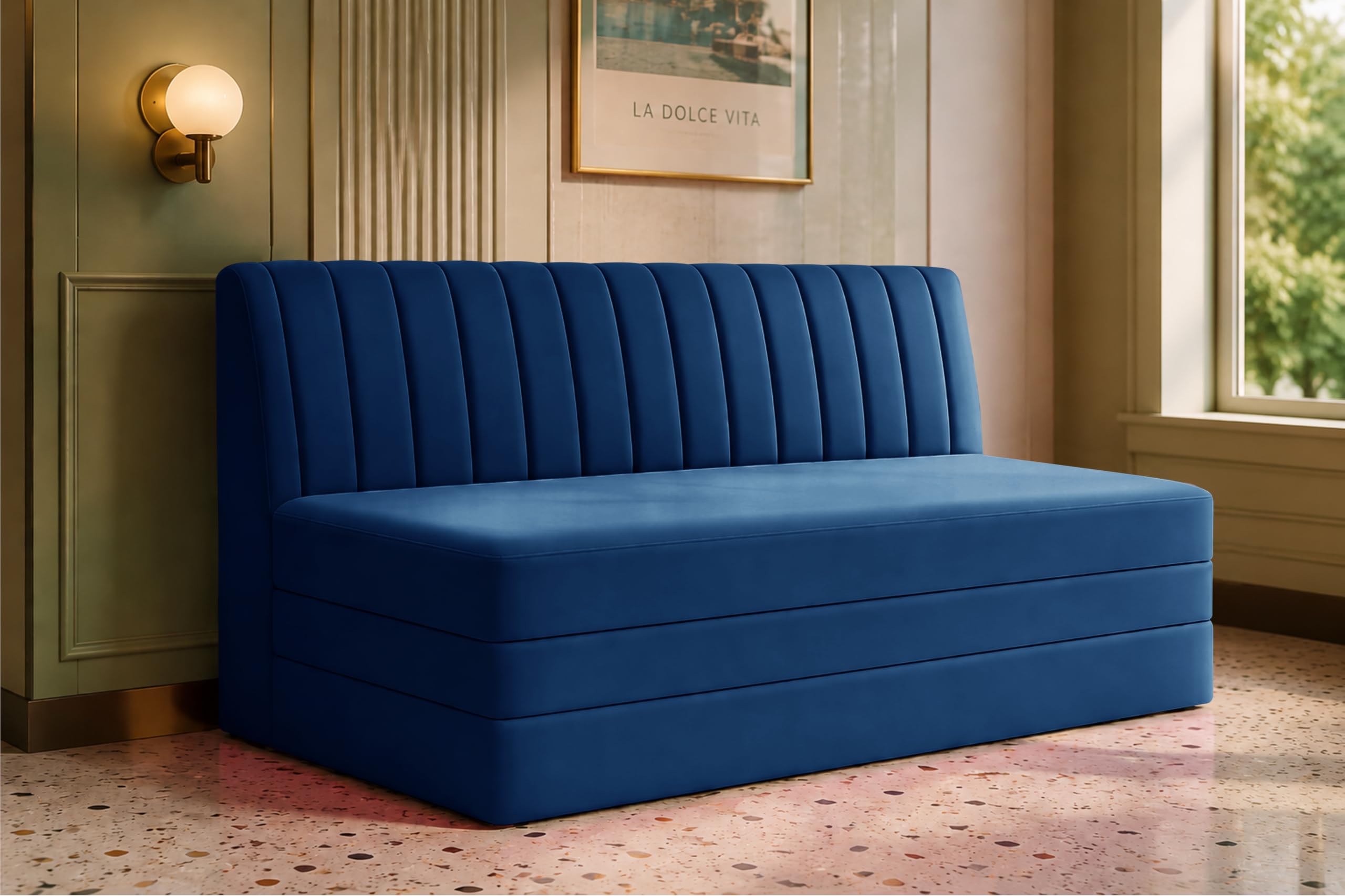 Los Angeles Modern Velvet 3-Seater Sofa Cum Bed, Multipurpose Convertible Sleeper Couch Sofa for Living Room, Bedroom & Office- Blue Color