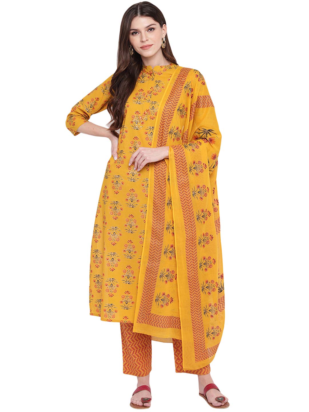 Vbuyz Women's Foil Print & Hand Work Straight Cotton Yellow Kurti & Palazzo with Dupatta(VF-KU-695-SKD-44)