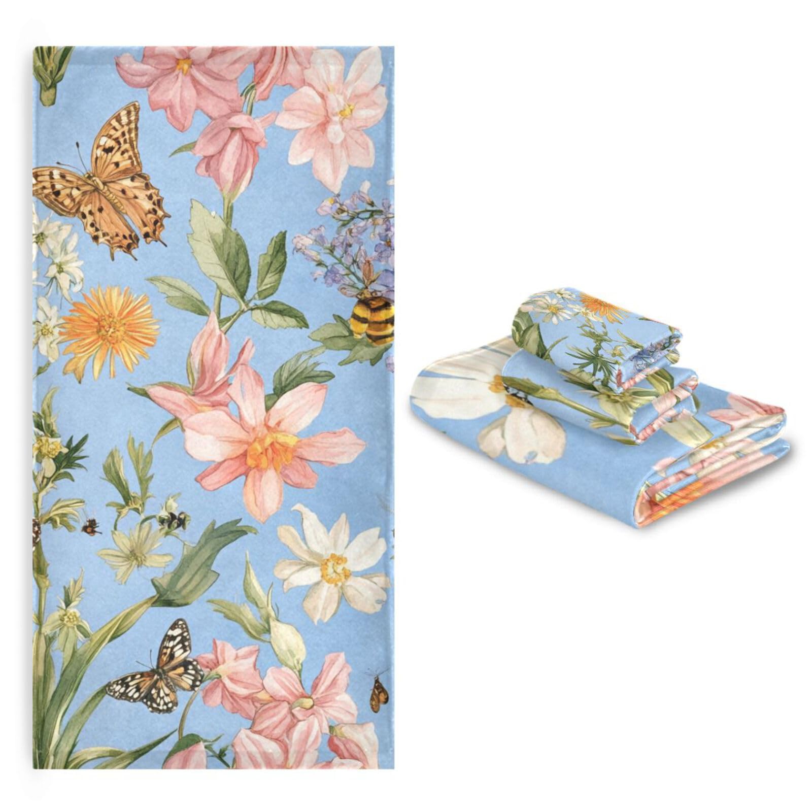 Fiori d'Autunno Giacinti Bellflower Farfalle Api Blu _ 1 Set di 3 Asciugamani Decorativi Viso Set 3 Pezzi, 1 Asciugamano da Bagno 1 Asciugamano 1 Asciugamano per Cucina Bagno Yoga Palestra