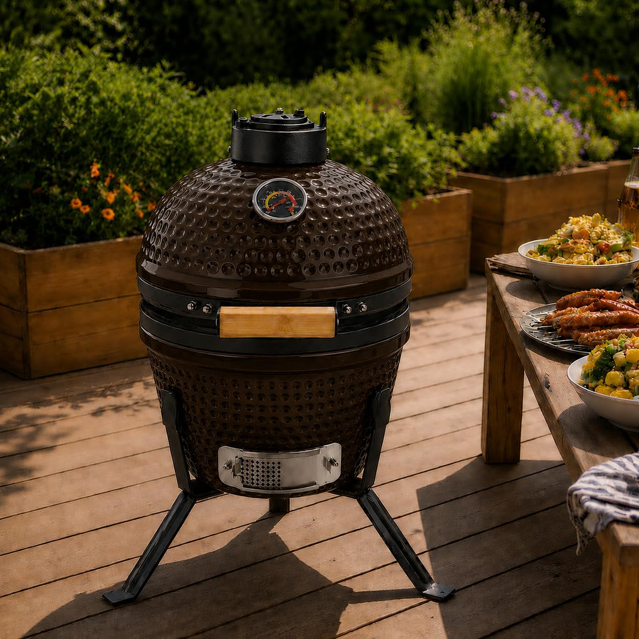 Neo Kamado 13" Ceramic Mini BBQ Grill Smoker Egg Charcoal Cooking Oven with Portable Stand (Espresso)