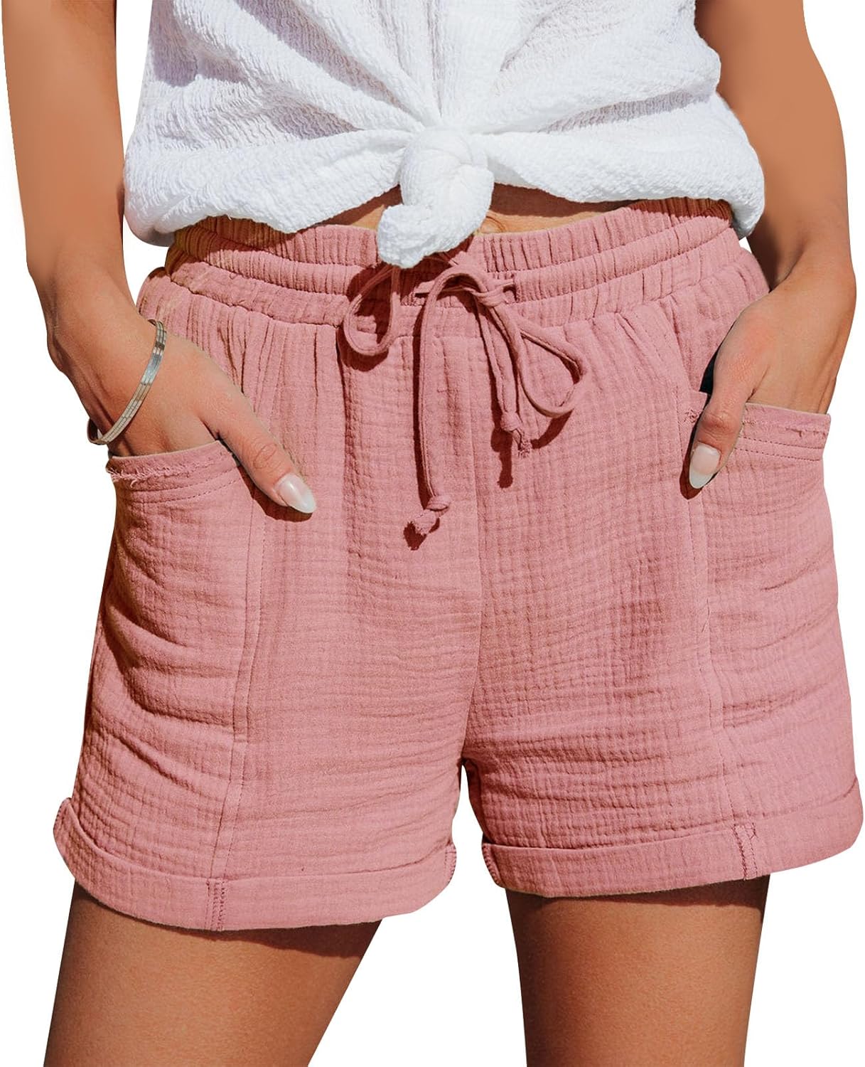 Geleglaer Women’s Linen Shorts Bermuda Straight Drawstring Pants Elastic Waist Summer Casual Loose Short with Pockets