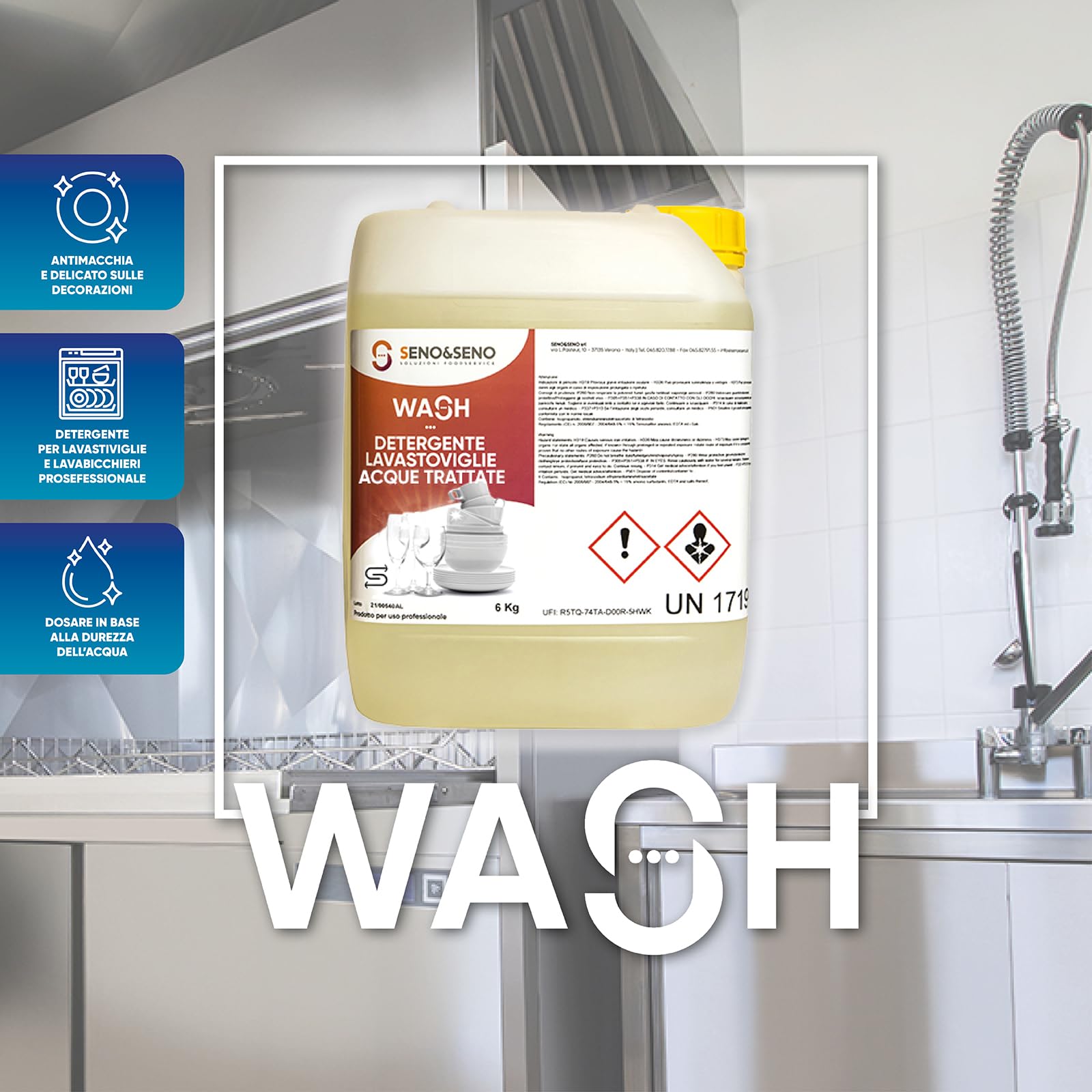 SENO & SENO | Detergente Delicato per Bicchieri, Piatti e Tazze | Tanica con Detergente antimacchia e Delicato su Decorazioni per Cucine Professionali | Rimuove Residui e Sporco da bicchieri