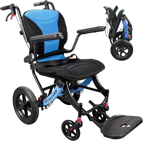 Miniatura 12 de Sillas de ruedas para adultos, silla de transporte ligera plegable con mango telescópico, 17 pulgadas de ancho, compactas, portátiles, plegables,