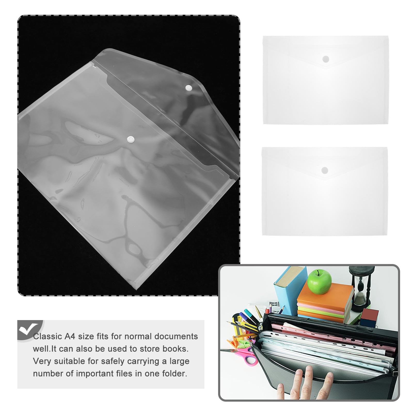 PACKOVE A4 Dokumententaschen 40 Stück Transparente Kunststoff Aktenhüllen mit Druckknopf Wiederverwendbar für Büro Schule und Reise