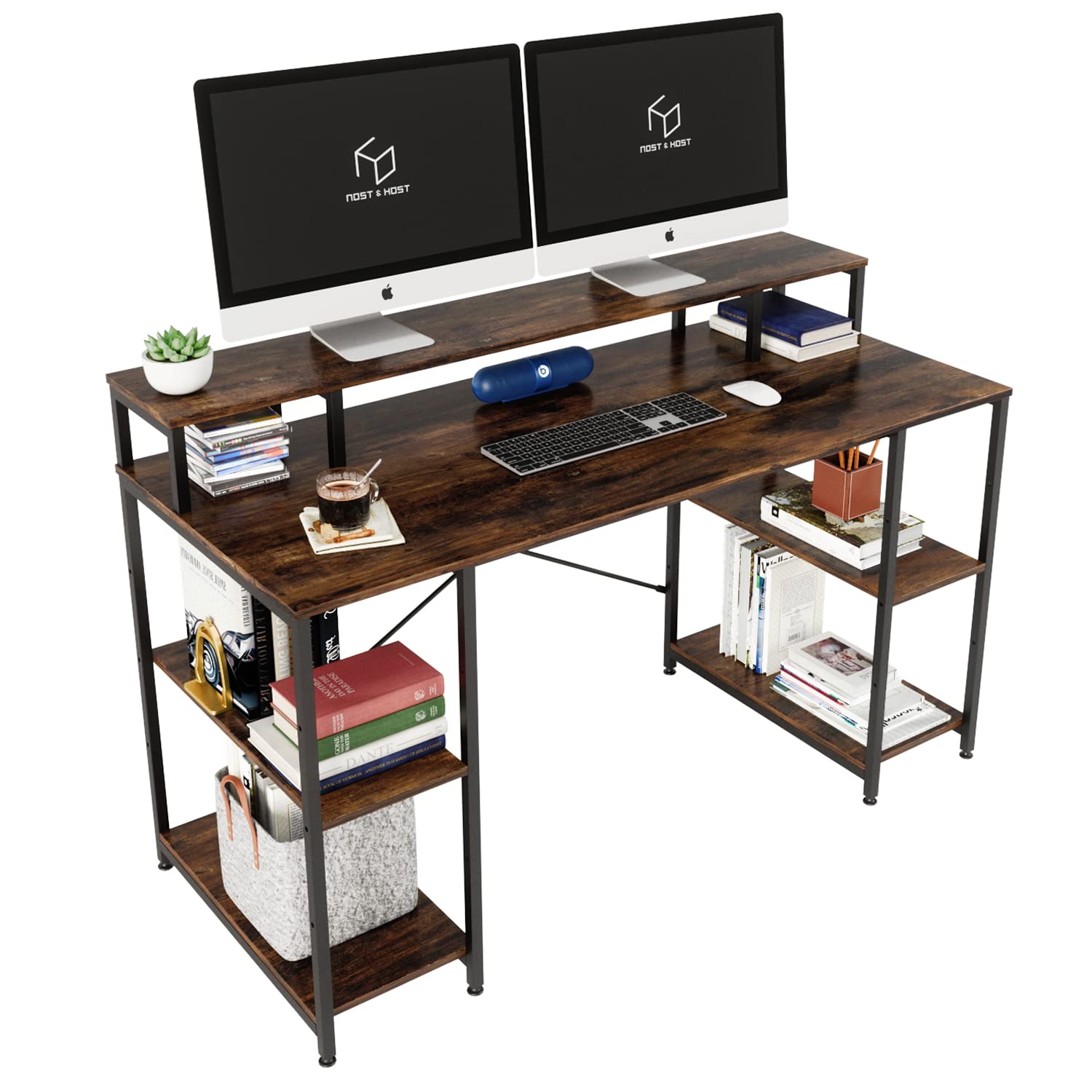 Nost & Host 55 Inch Dual Monitor Desk, Computer Desk with Monitor Shelf