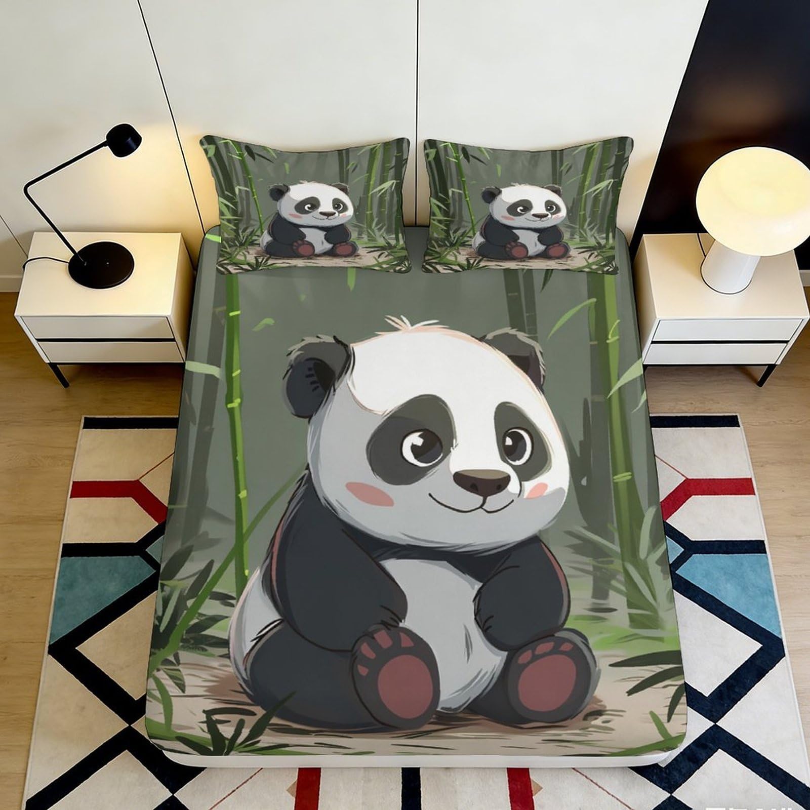 3D Printed Panda Animal Fitted Sheet Microfiber Soft Durable Bamboo Bed Cover for Bedroom Dormitory Guest Room Mattress Protection Decor 180x200x25cm