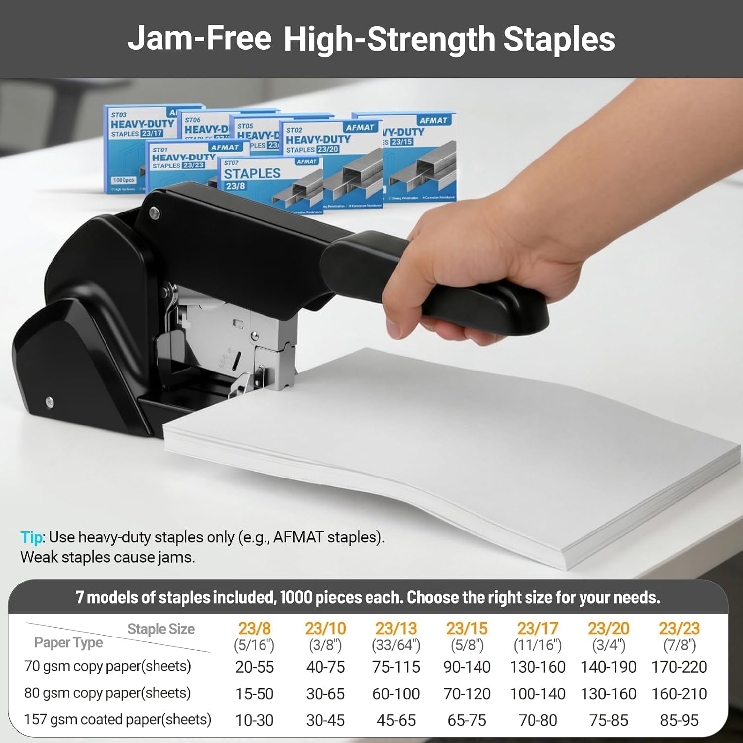 AFMAT Cucitrice ad alte prestazioni, 210 fogli, 60% più leggera, profondità di inserimento regolabile, a prova di morsetto, 50.000+ cicli di cucito, set completo con 7.000 graffette, per ufficio e