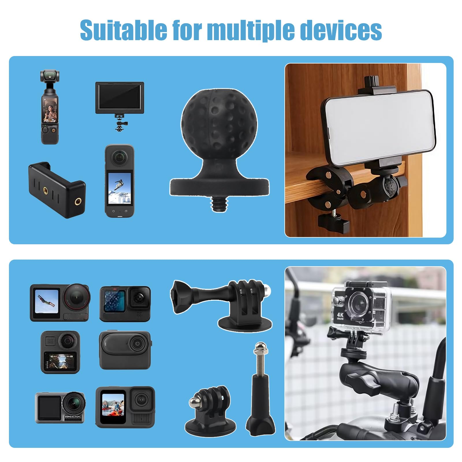 Soporte de Cámara Accesorio para Insta360 x5x4X3X2 Kit de Moto para Rotación de 360 Grados Doble Abrazadera Doble Estabilidad Soporte de Moto（120 cm con Palo Selfie）