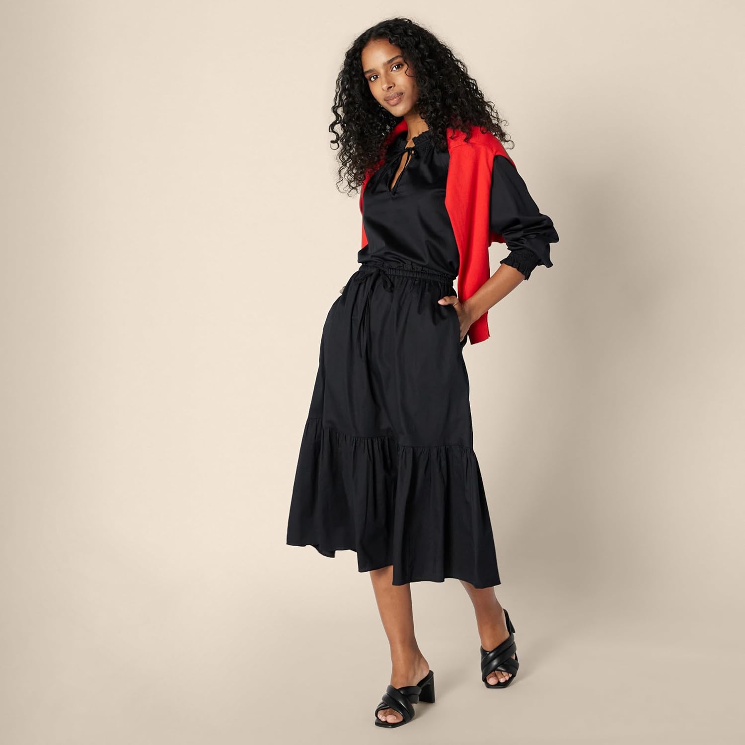 Amazon Essentials Women's Mid-Rise A-line Cotton Sateen Tiered Midi Skirt (Top Sold Separately) - Image 4