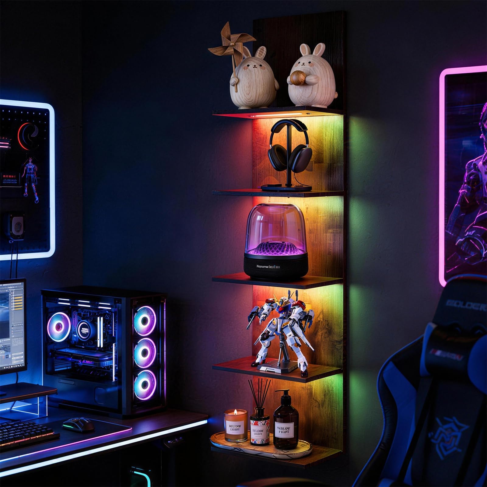 Wandregal mit RGB+IC-Beleuchtung, Bücherregal Wand mit APP & Fernbedienung | Wandregal Holz 5 Ebenen, Wandregal Schmal Schminktisch Regal für Schlafzimmer, Wohnzimmer, 30x18x117 cm, Holzfarben