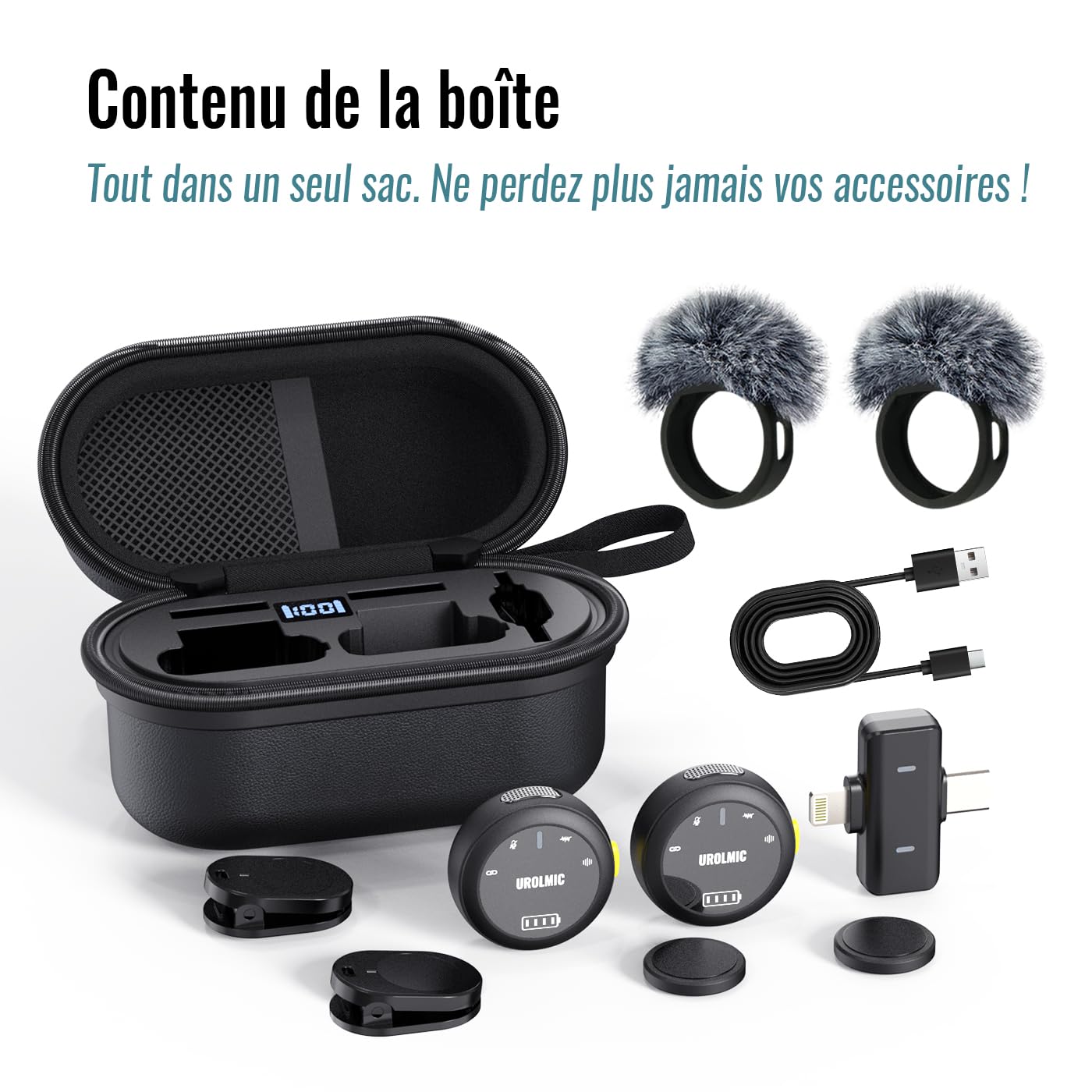 Micro Cravate Sans Fil 2-en-1 Compatible iPhone Android, Autonomie 40h, Portée 55m, Réduction du Bruit, Fixation Magnétique, pour Enregistrement Podcast