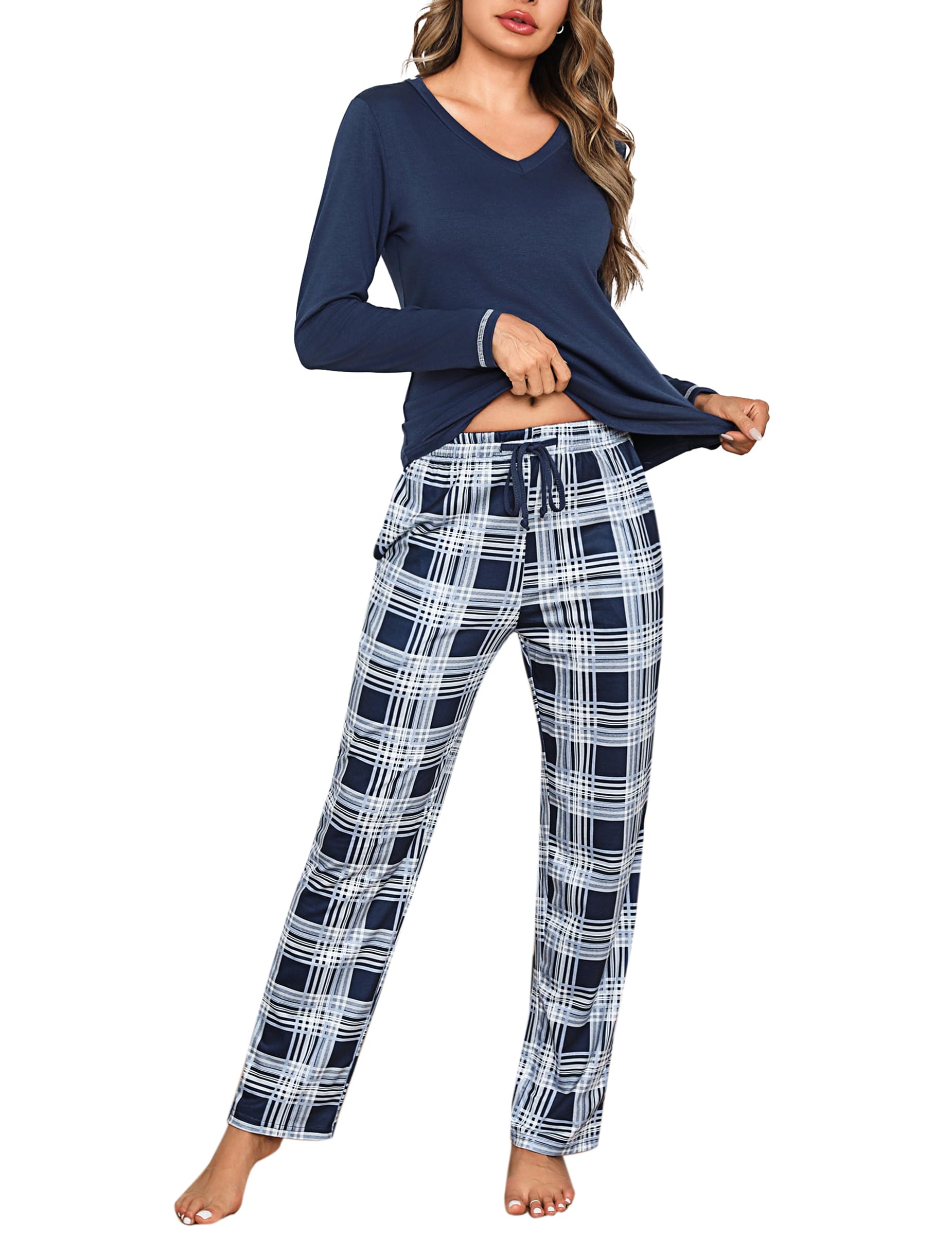 Litherday Pigiama Donna Invernale in Cotone Due Pezzi con Maglia a Manica Lunga e Pantaloni a Quadri Scollo a V Comodo per Casa Autunno Inverno S-XXL