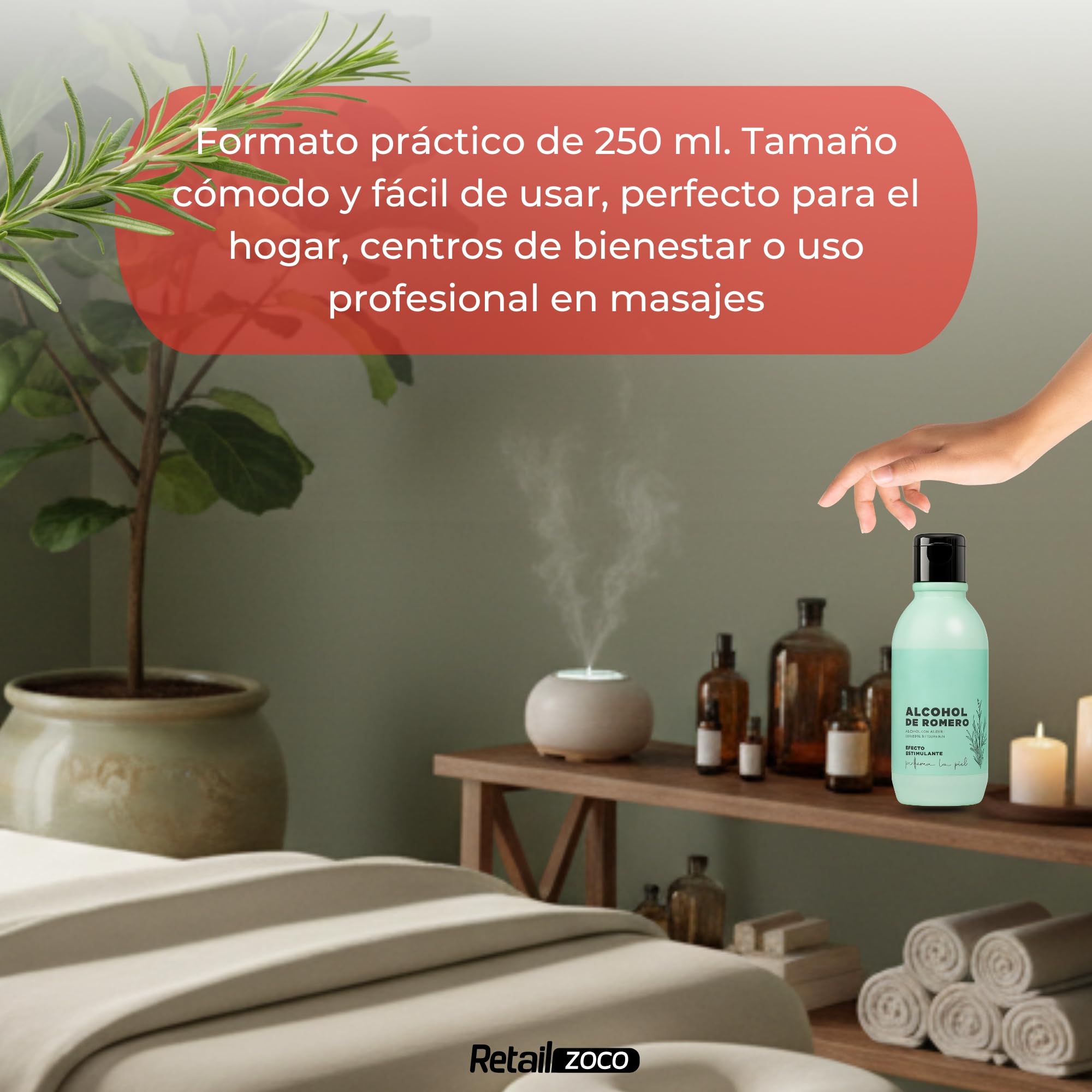 Alcohol de Romero, Ideal para friegas y masajes, Nutre y perfuma la piel, Solución Tópica Natural para Masaje, Efecto estimulante, 250 ml