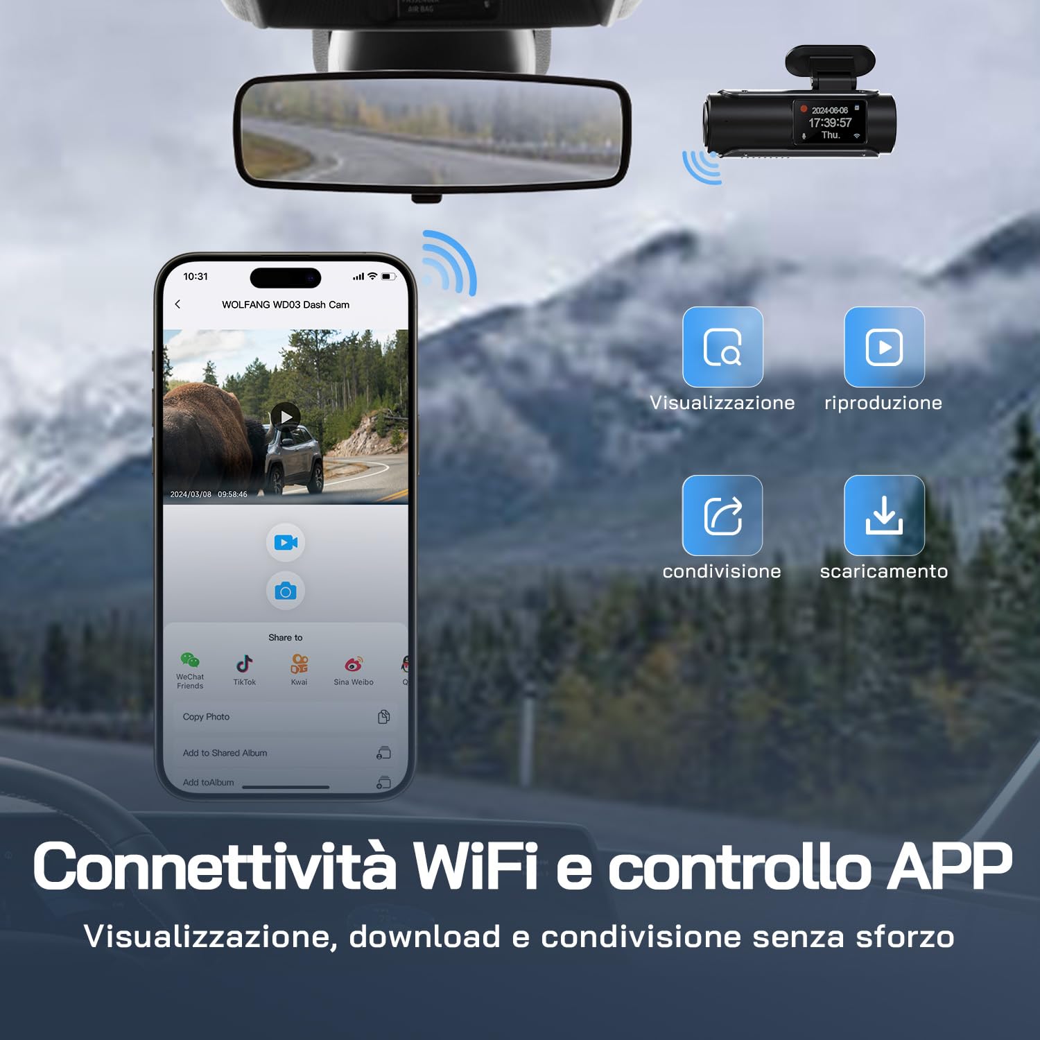 WOLFANG Dash Cam Auto 4K, Doppia WiFi Dashcam per Auto, Telecamera Auto 170° Grandangolo, Visione Notturna,G-Sensor, WDR, Monitor di Parcheggio, Registrazione in Loop