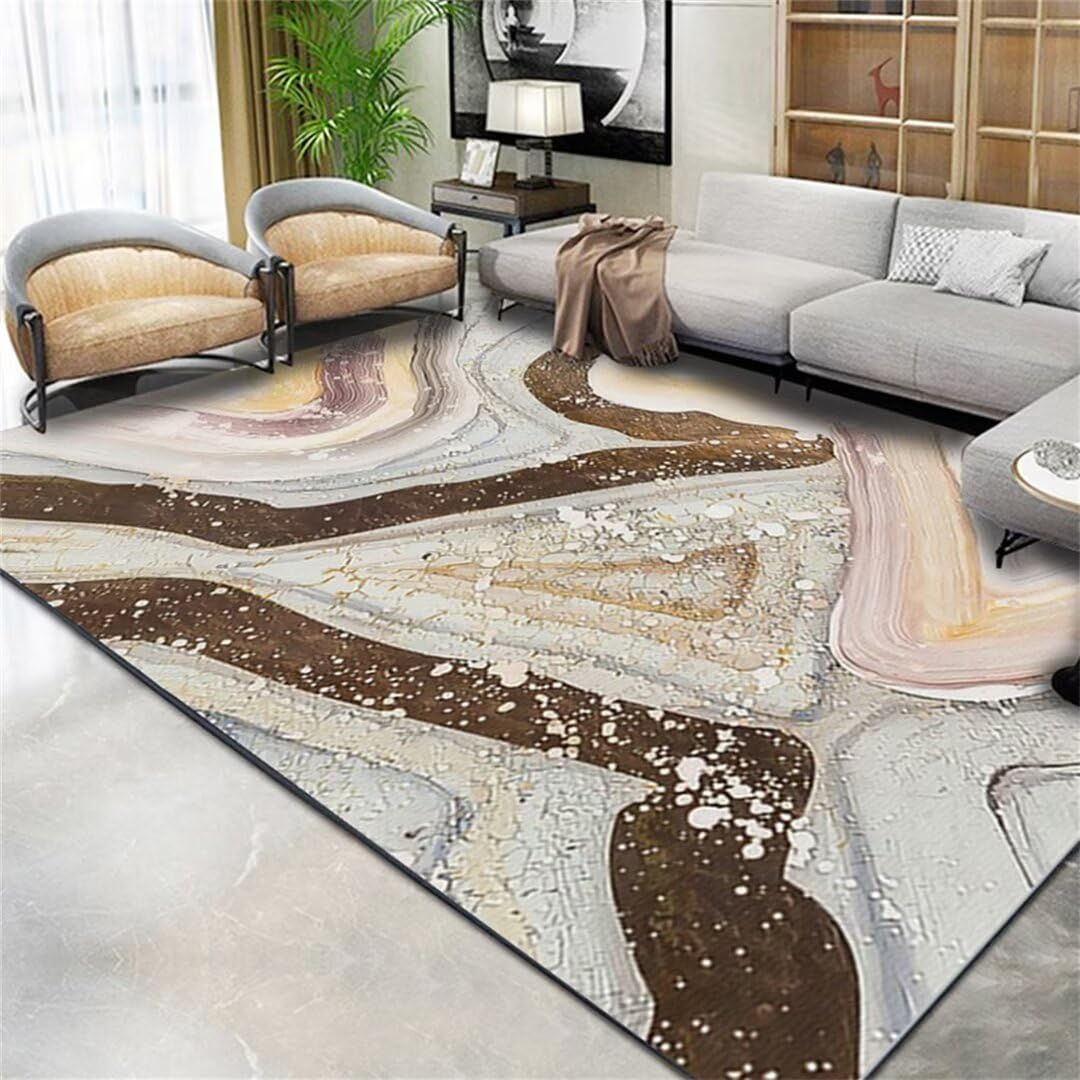 Tapis de salon résistant aux taches motif abstrait brun 140x200 cm