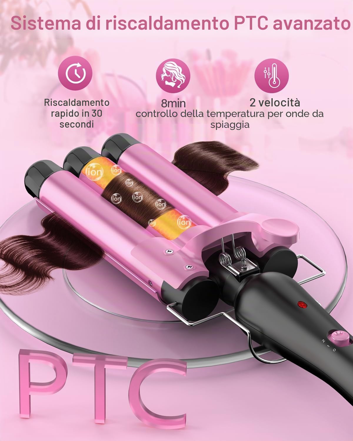 Ferro Arricciacapelli Grandi 3 Botti, Piastra Onde per Capellif-Piastra Capelli Onde, Bigodini da Spiaggia Waves, Ferro Capelli 2 Temps Livelli Onde Capelli Riscaldamento Rapido con Guanto, Rosa