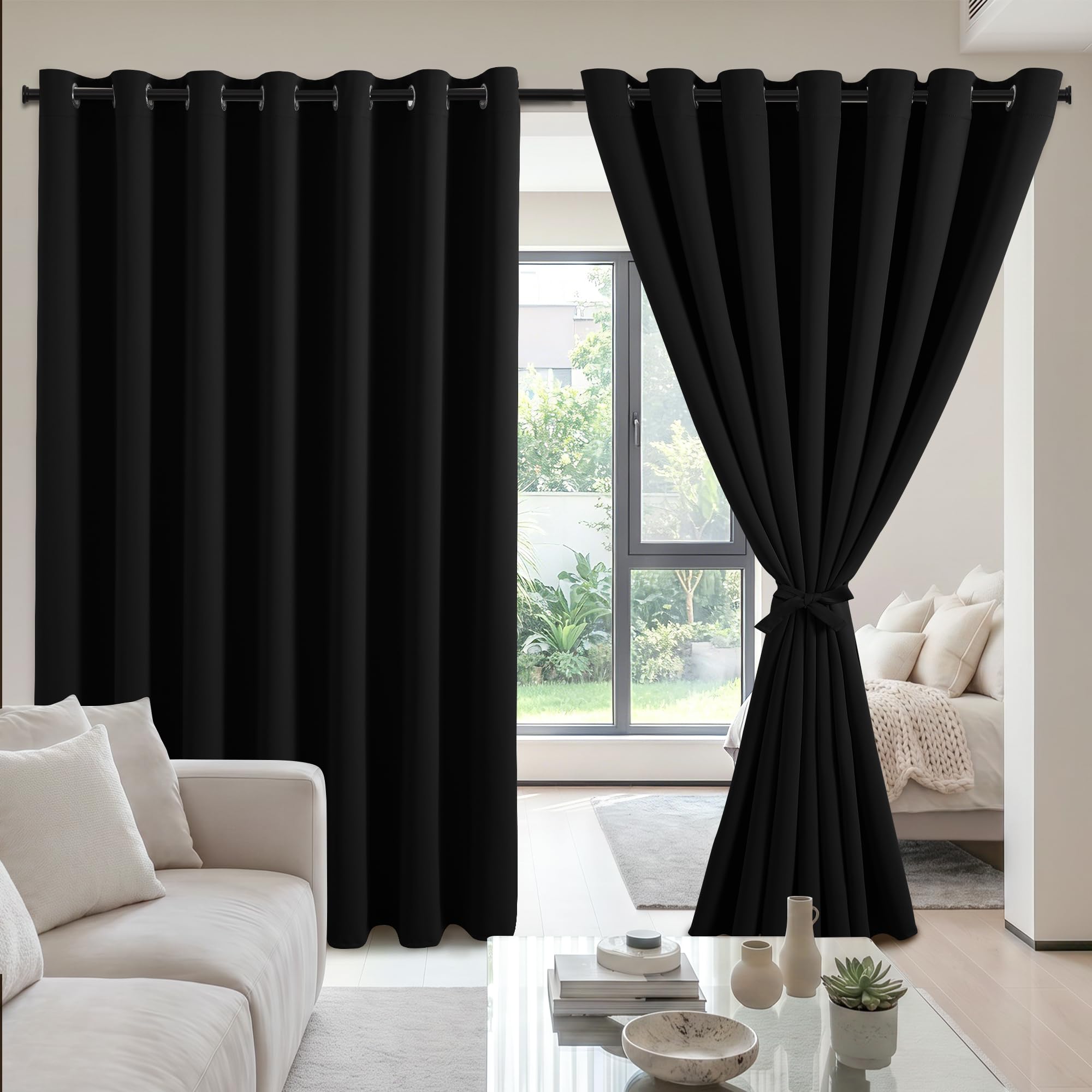DWCN Black Blackout Curtains for Bedroom with Tiebacks - Thermal Insulated Light Blocking Grommet Window Curtains for Living Room 84 Inches Long Panels, 100 x 84 inch Length, Set of 2 Panels — image 1