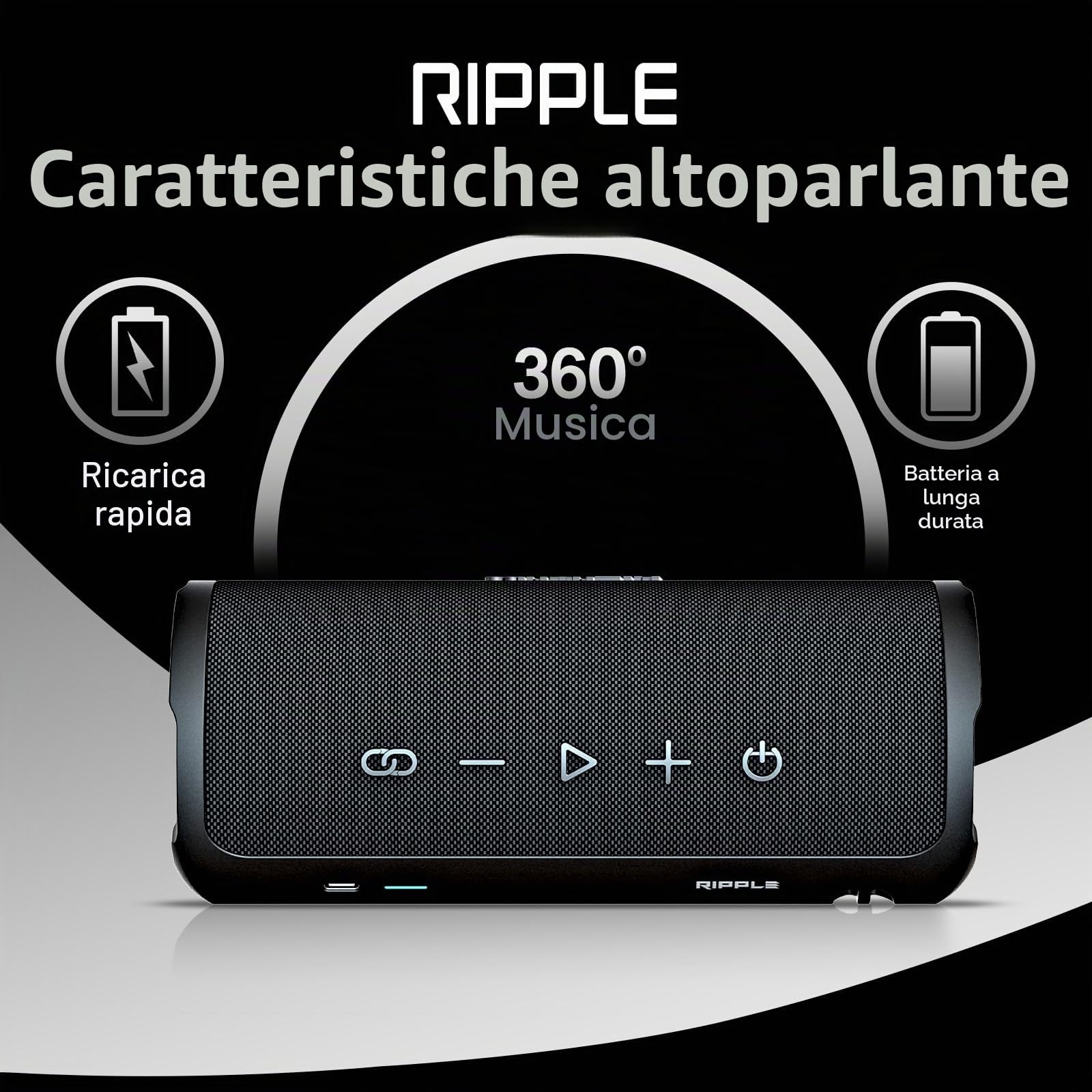 HiFuture Altoparlante Bluetooth portatile Ripple da 30 W - Nero | Impermeabile IPX7, 12 ore di riproduzione, accoppiamento TWS, Bass Boost, ricarica USB-C, design robusto