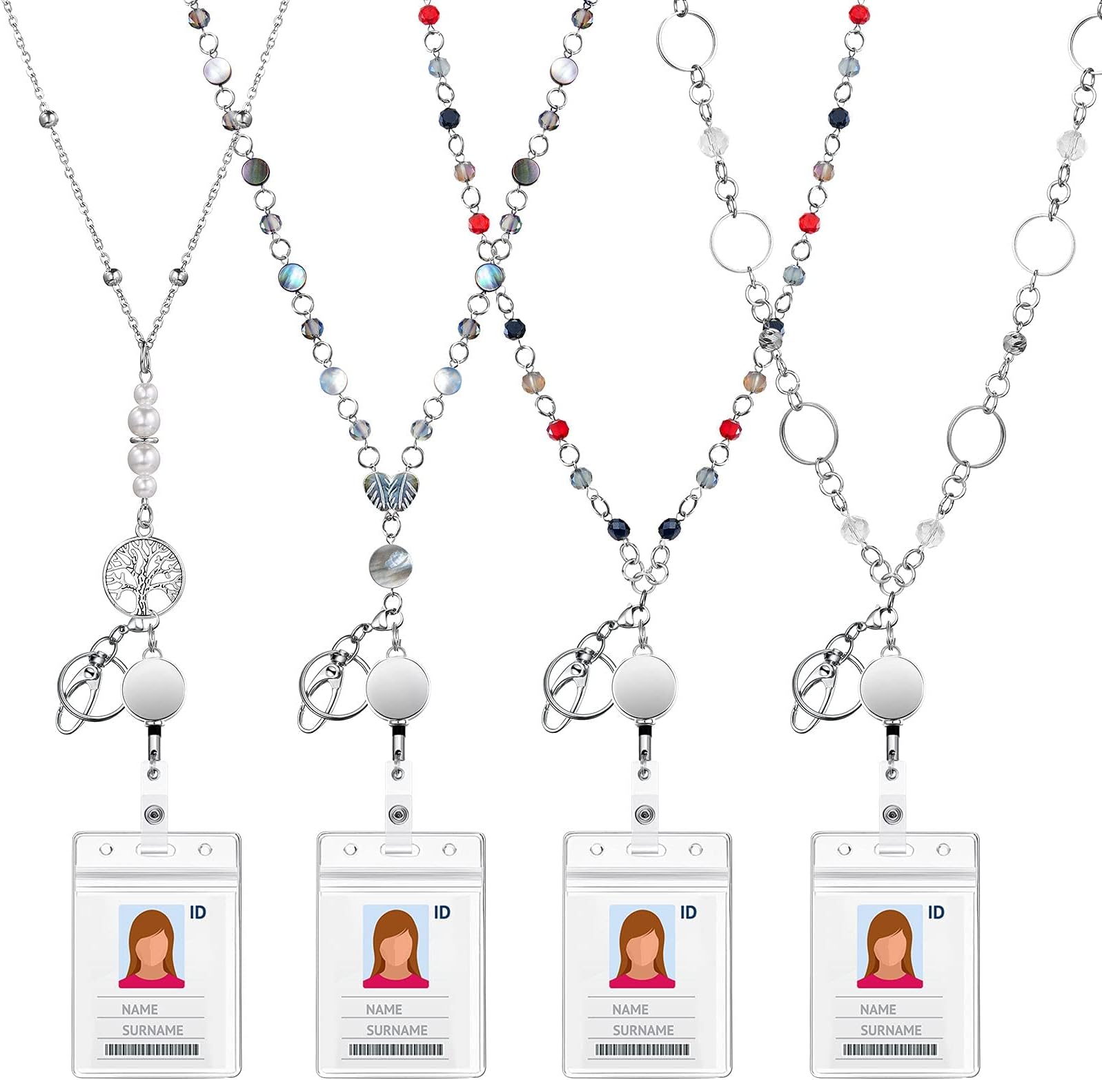 Excefore Badge Necklaces with ID Holders, 4 Sets Beaded ID Necklaces Retractable Lanyards for Women Stainless Steel Badge Lanyards, Multicolor, Medium