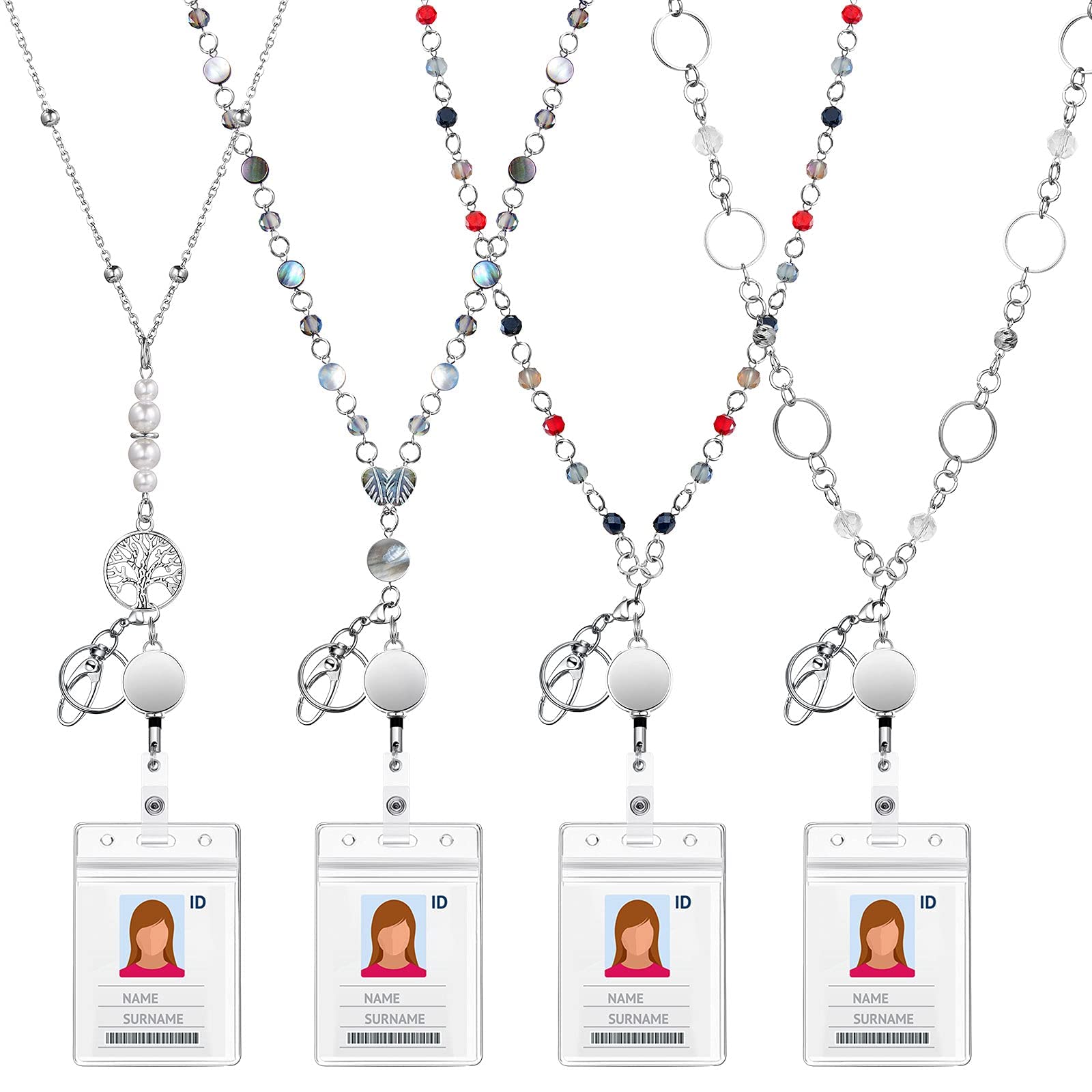 Excefore Badge Necklaces with ID Holders, 4 Sets Beaded ID Necklaces Retractable Lanyards for Women Stainless Steel Badge Lanyards, Multicolor, Medium