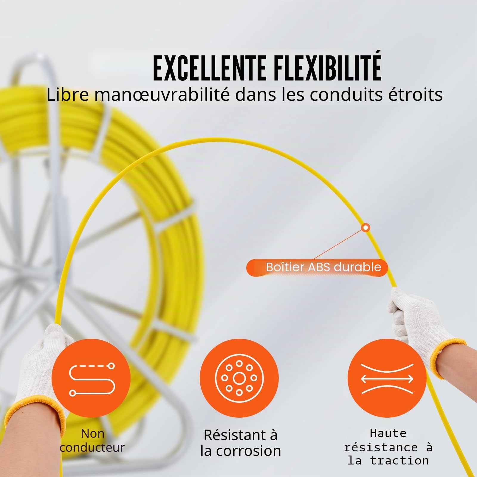 VEVOR Ruban à Poisson en Fibre de Verre 150 m 7,9 mm Aiguille Électricien de Tirage Fil Câble Électrique Extracteur Bobine de Conduit Support Acier 2 Têtes de Tirage pour Mur Conduit Non Conducteur