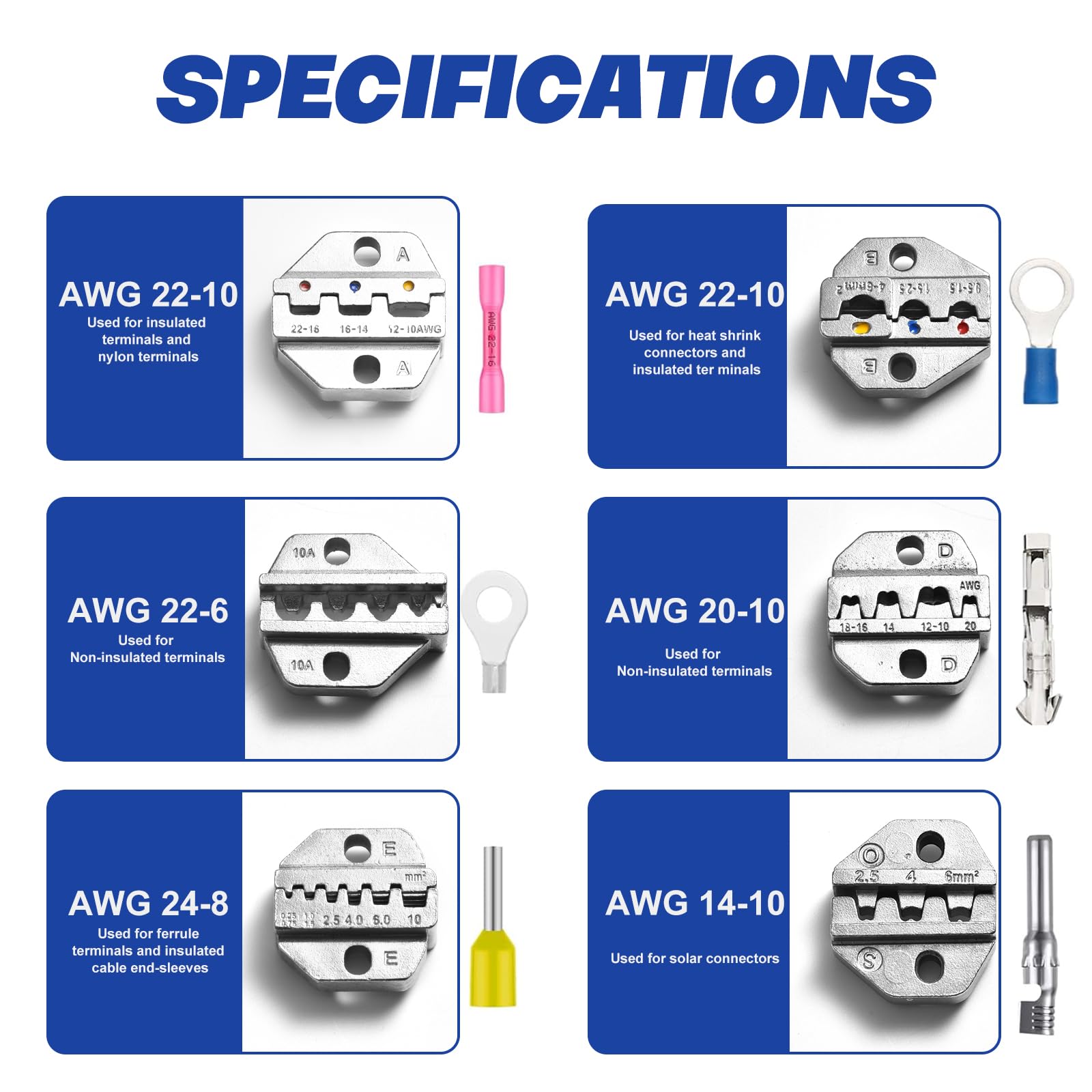Pince à Sertir Kit, pince à cliquet pour gaines thermorétractables, nylon isolé, non isolé, embouts à bague, cosses à corps ouvert, connecteurs solaires - avec 6 matrices interchangeables